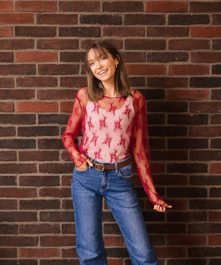 Lace Long-sleeve Top, Red