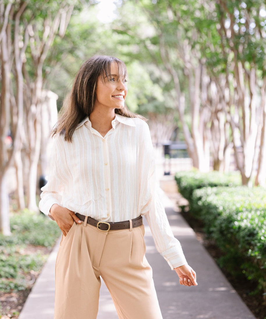 Kathryn Button-Up, Beige Stripes