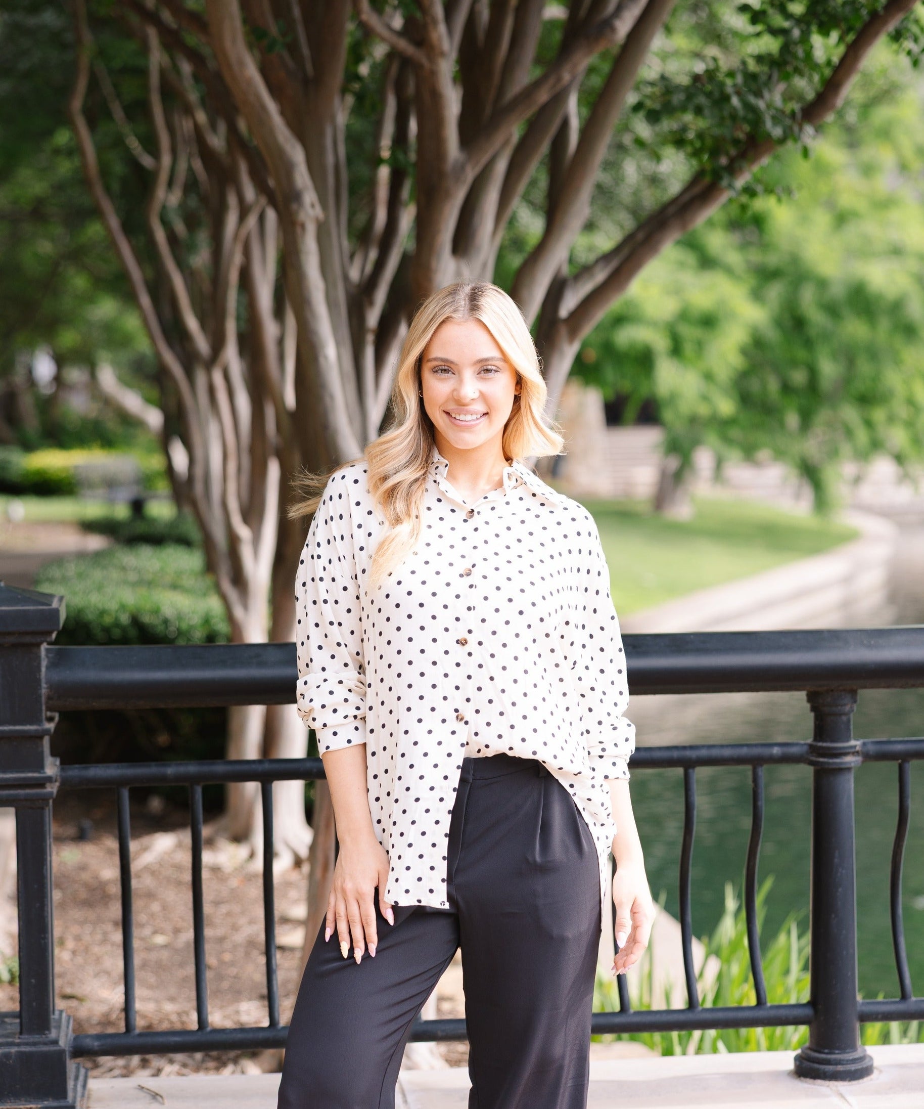 Kathryn Classic Button-Up, Ivory Polka-Dot