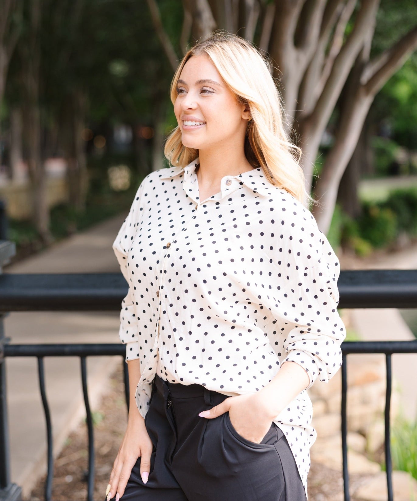 Kathryn Classic Button-Up, Ivory Polka-Dot