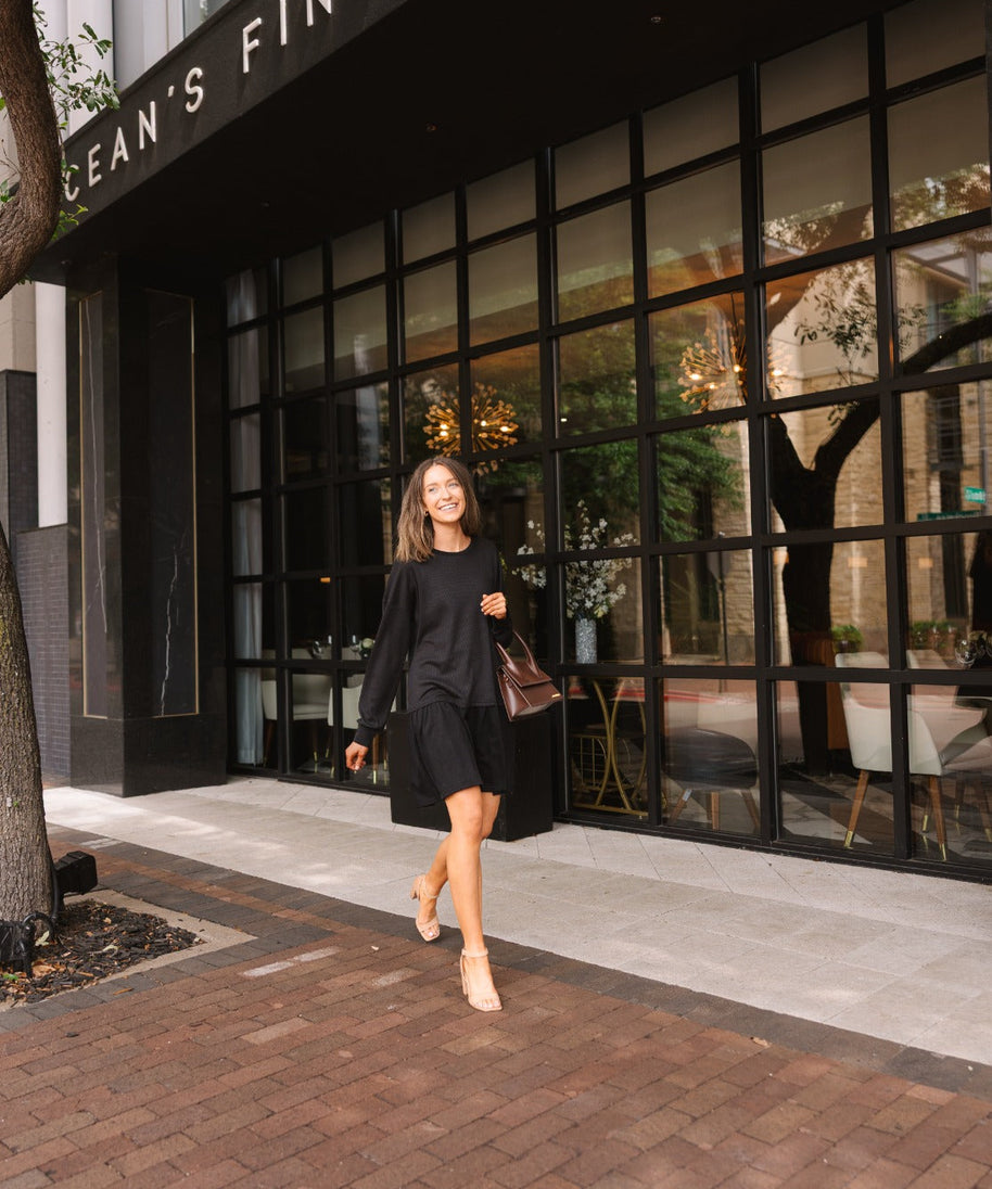 Waffle Knit Long-Sleeve Dress, Black