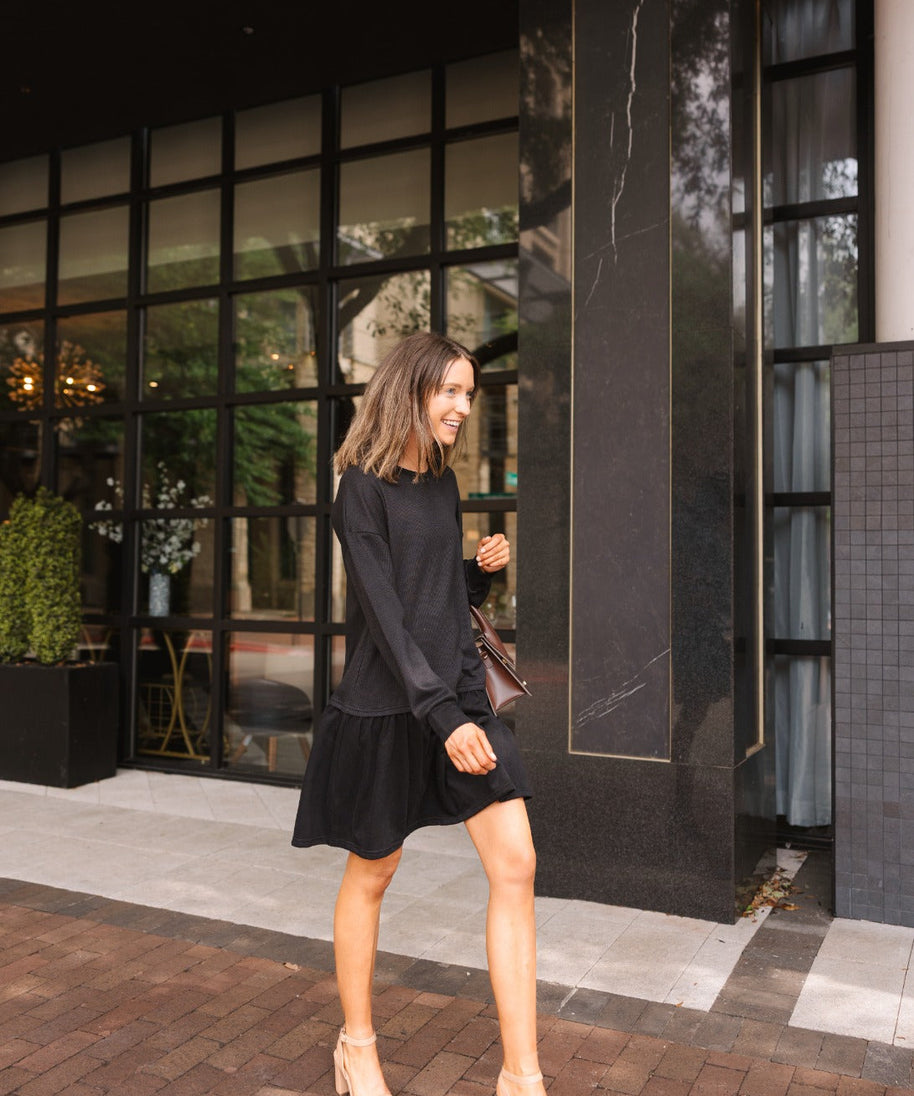 Waffle Knit Long-Sleeve Dress, Black