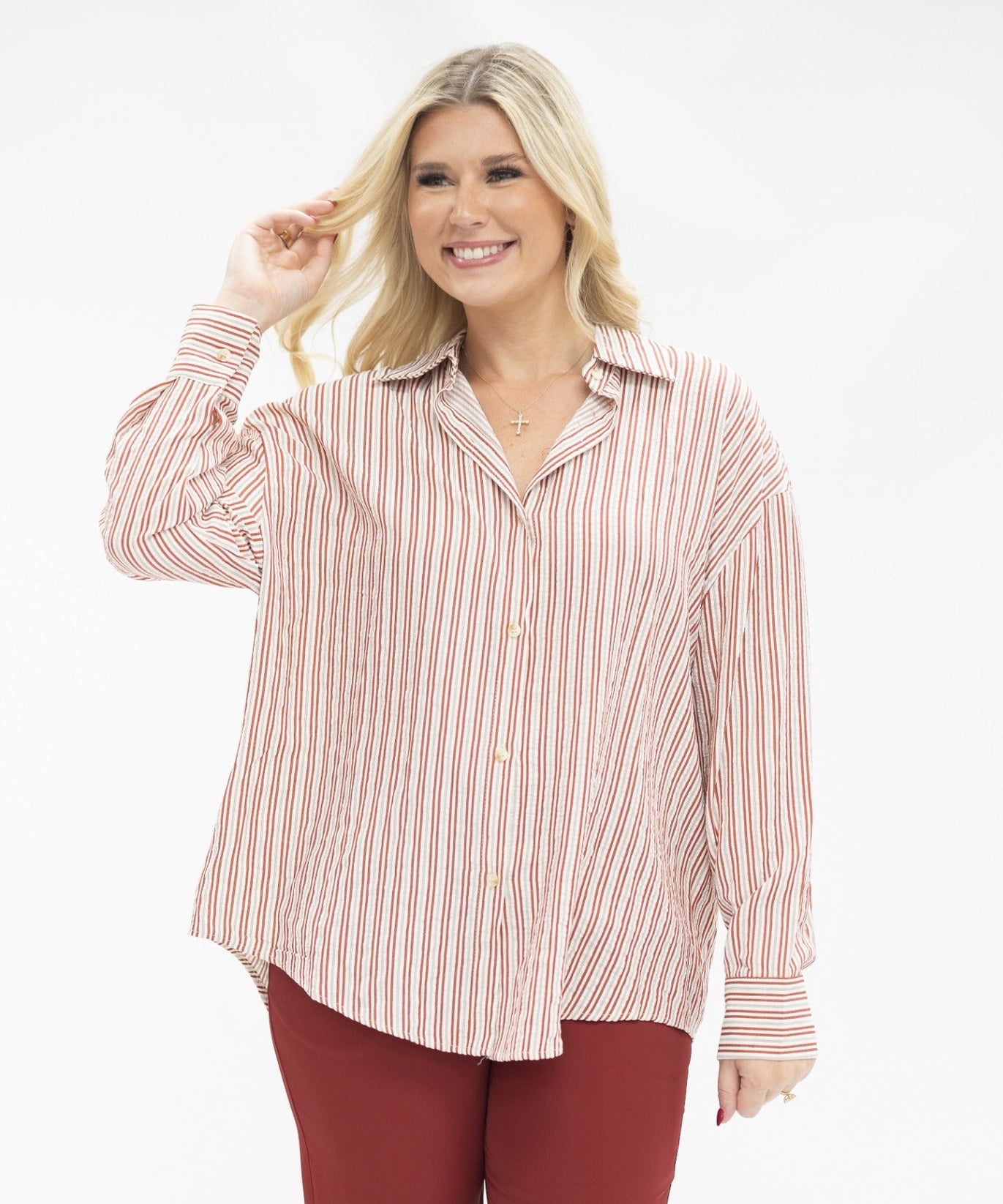 Kathryn Classic Button-Up, Red Stripes