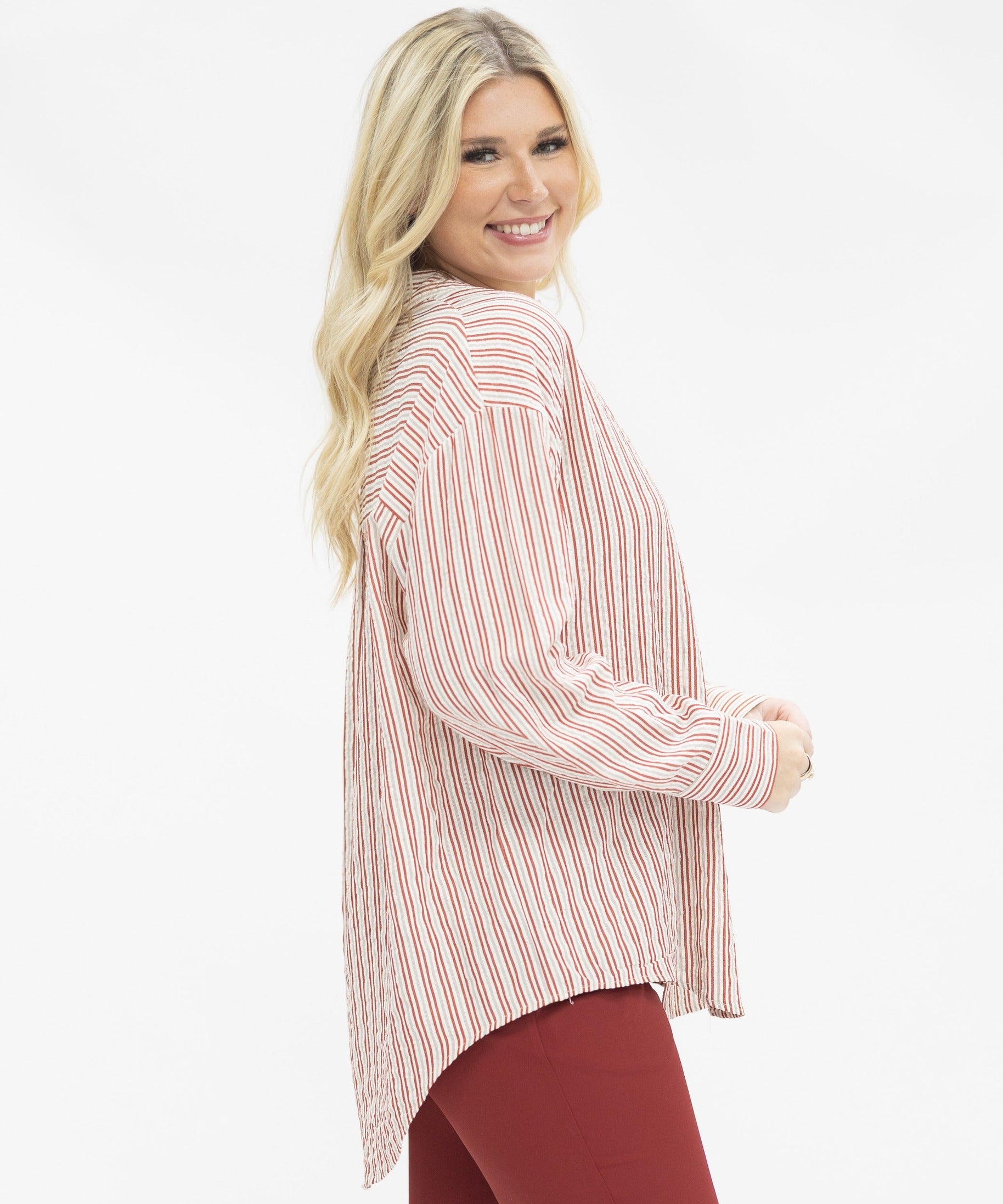 Kathryn Classic Button-Up, Red Stripes