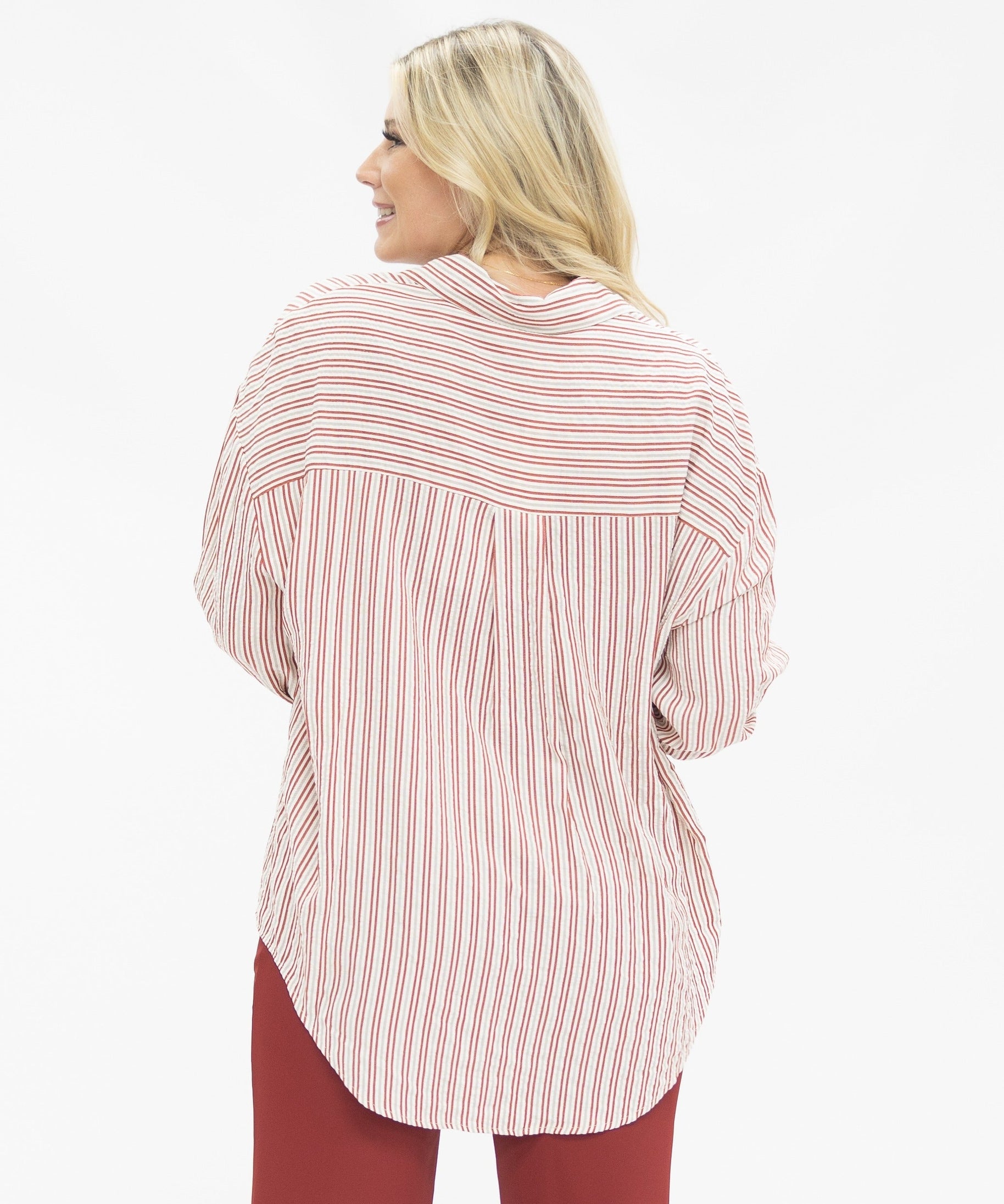 Kathryn Classic Button-Up, Red Stripes
