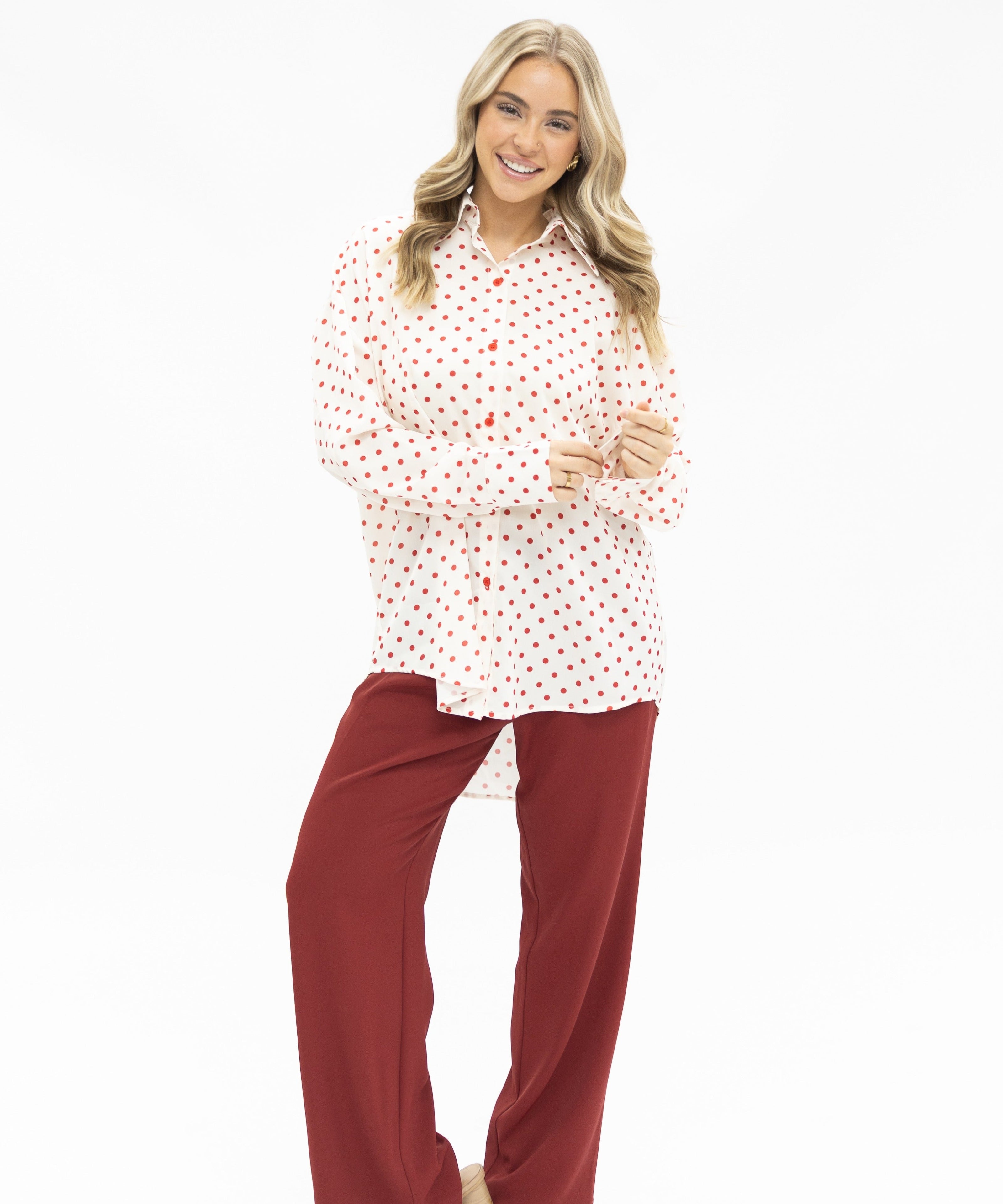Kathryn Classic Button-Up, Red Polka-Dot