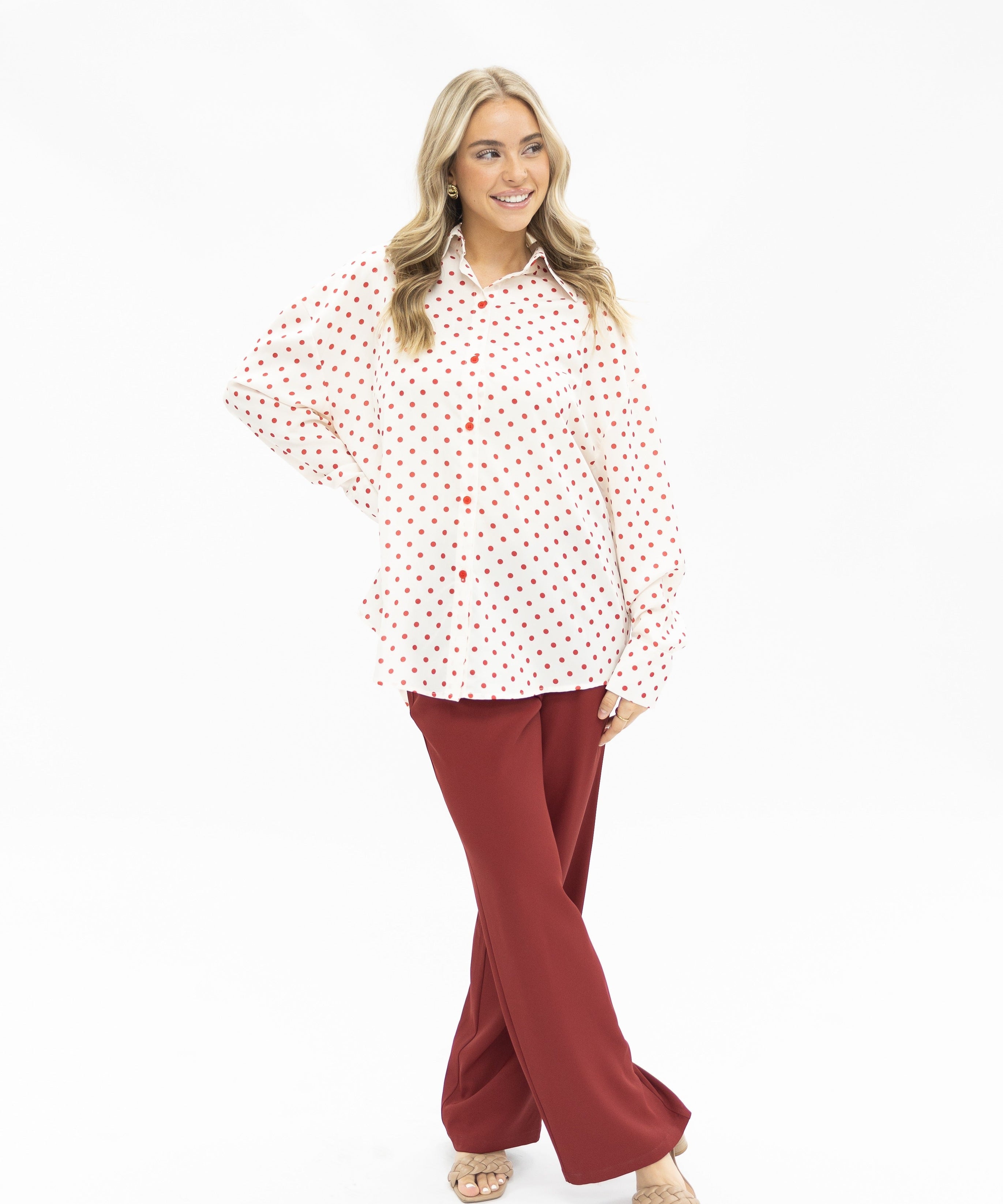 Kathryn Classic Button-Up, Red Polka-Dot