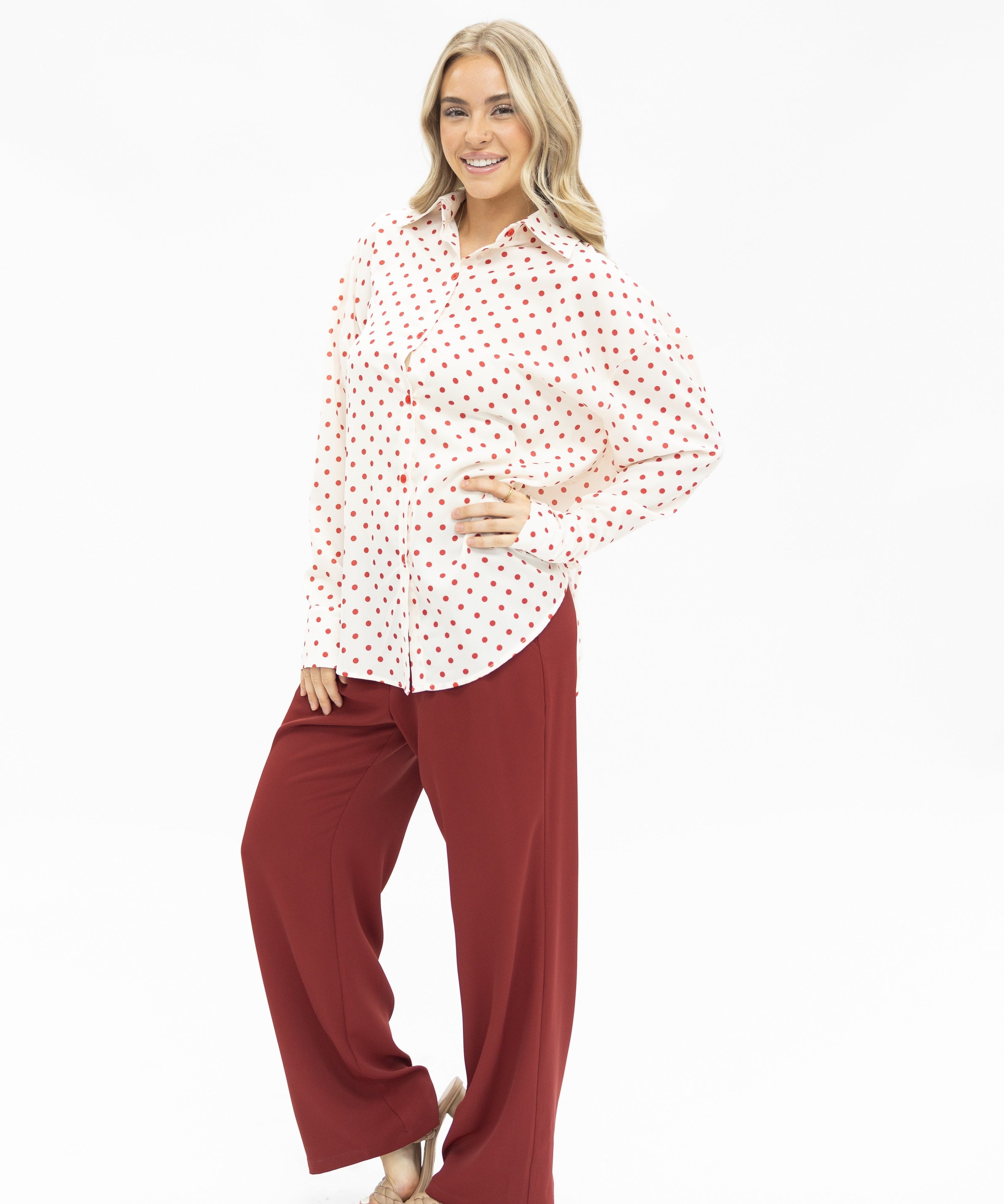 Kathryn Classic Button-Up, Red Polka-Dot