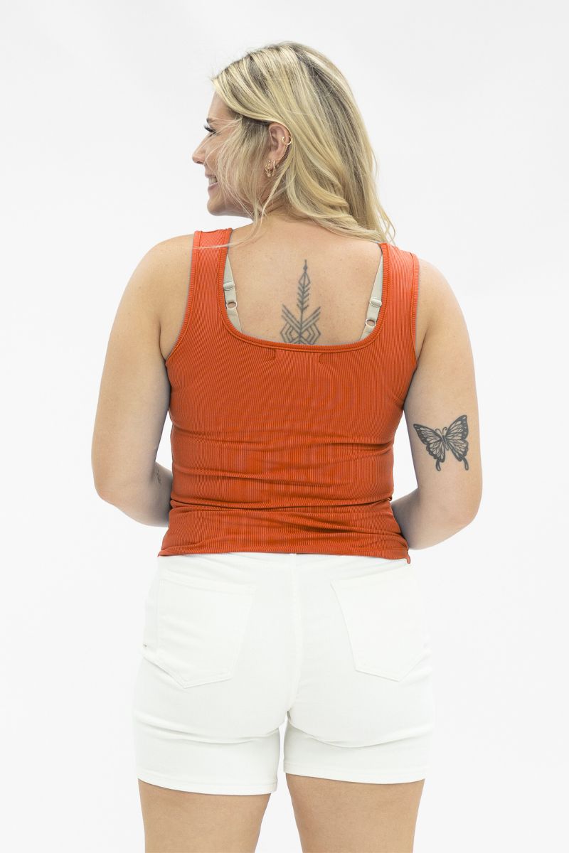 Bella Square Neck Crop Tank Top for Women – Rib Knit, High Stretch, Orange