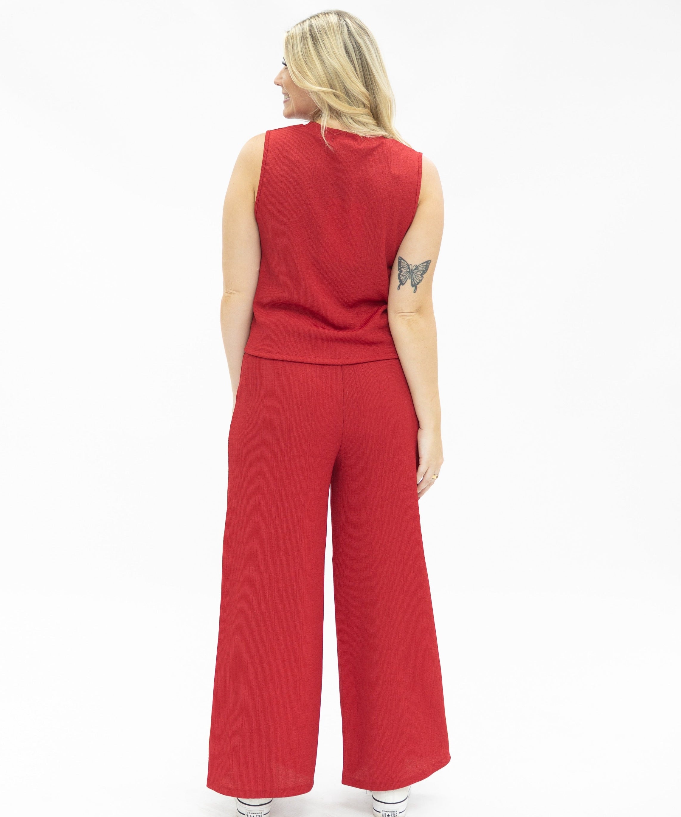 Earhart Red Textured Knit Lounge Pants – Relaxed Fit Women's Wide-Leg Pants