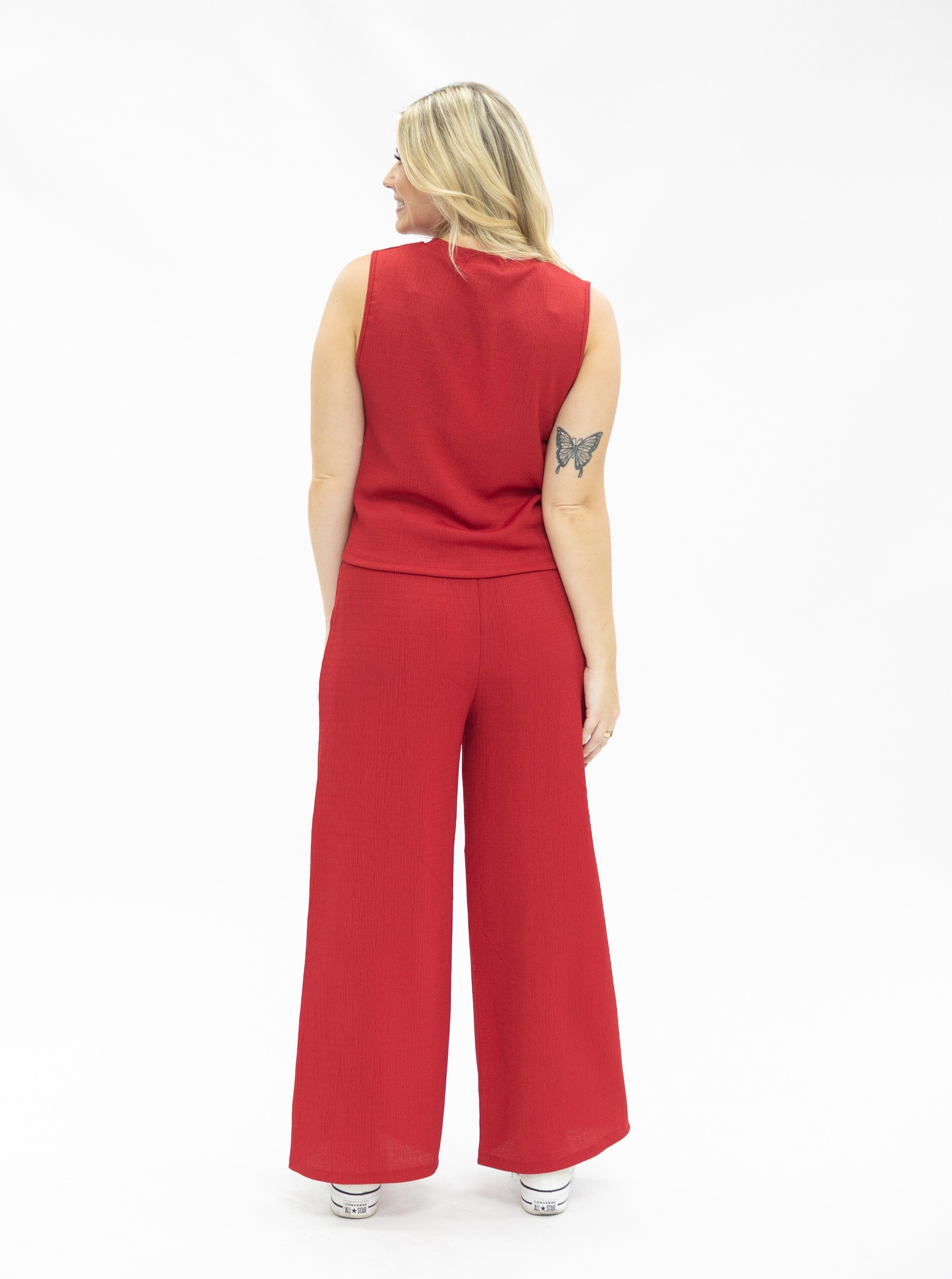 Earhart Red Textured Knit Lounge Pants – Relaxed Fit Women's Wide-Leg Pants