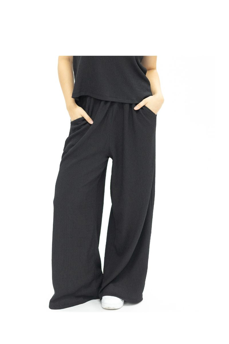Earhart Black Textured Knit Lounge Pants – Relaxed Fit Women's Wide-Leg Pants