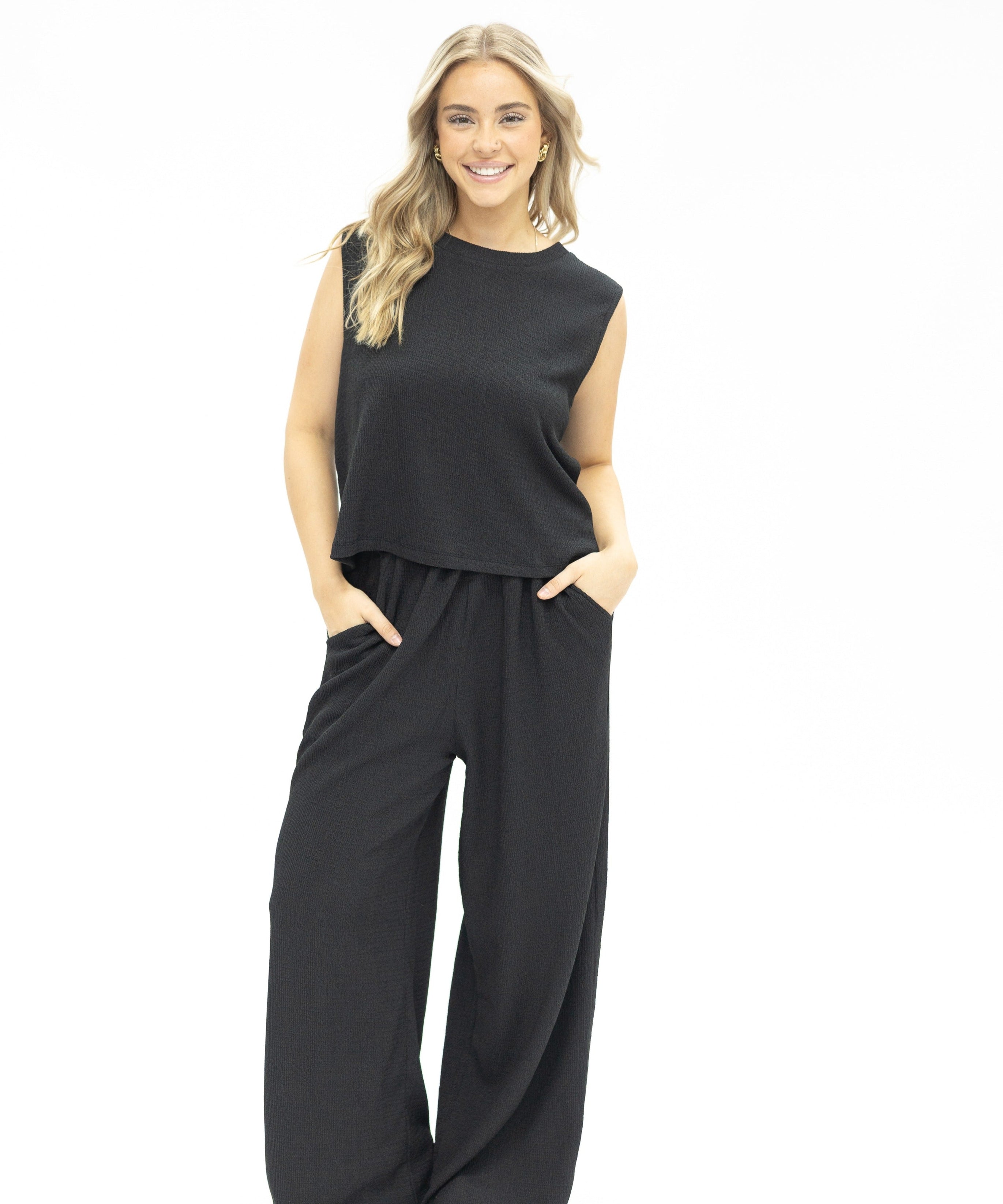 Earhart Black Textured Knit Lounge Pants – Relaxed Fit Women's Wide-Leg Pants