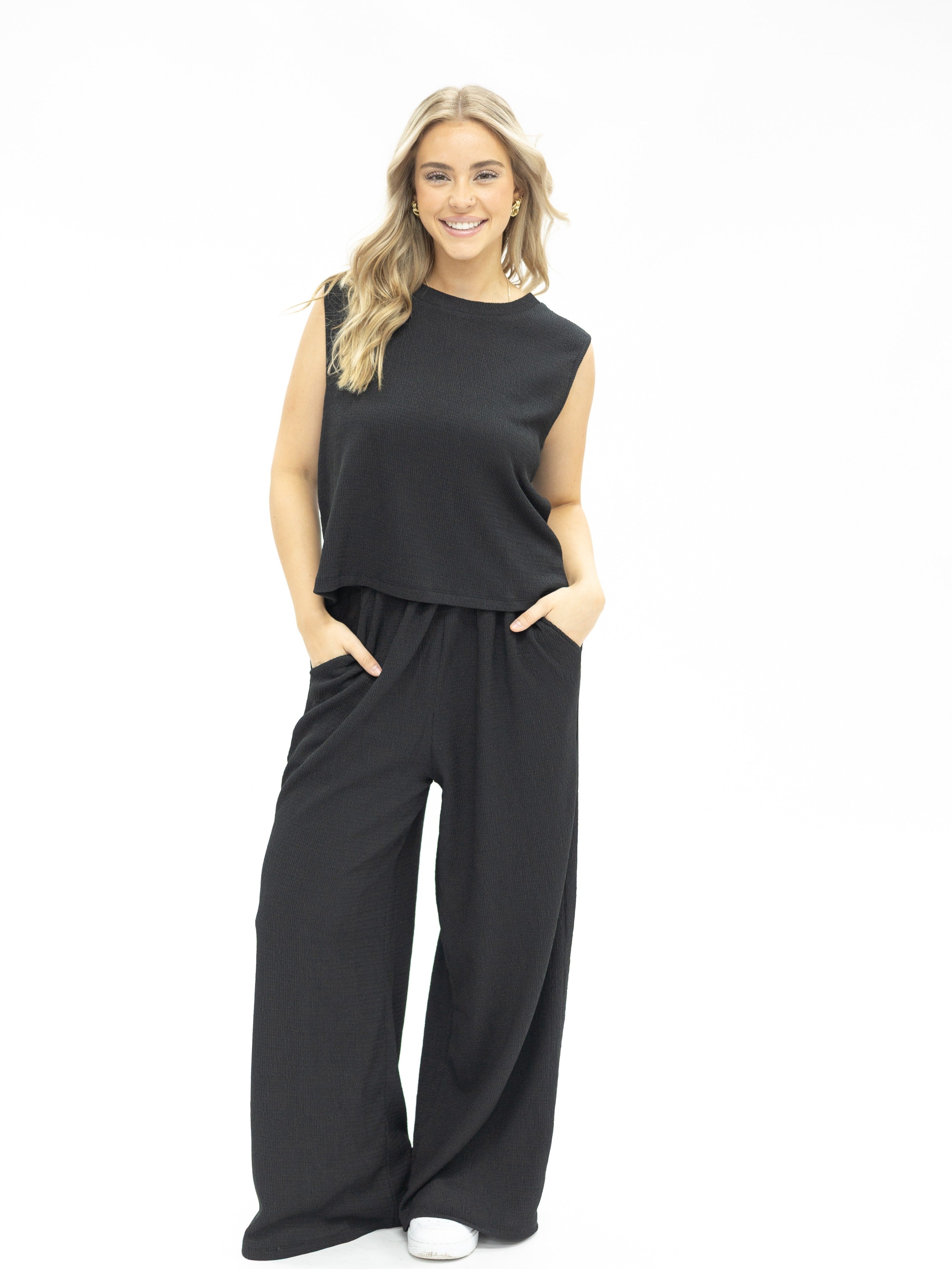 Earhart Black Textured Knit Lounge Pants – Relaxed Fit Women's Wide-Leg Pants