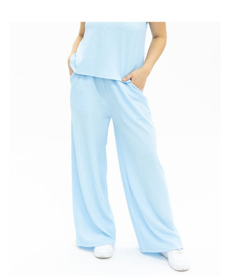 Women's Blue Textured Knit Lounge Pants – Relaxed Fit, High Stretch & Pockets