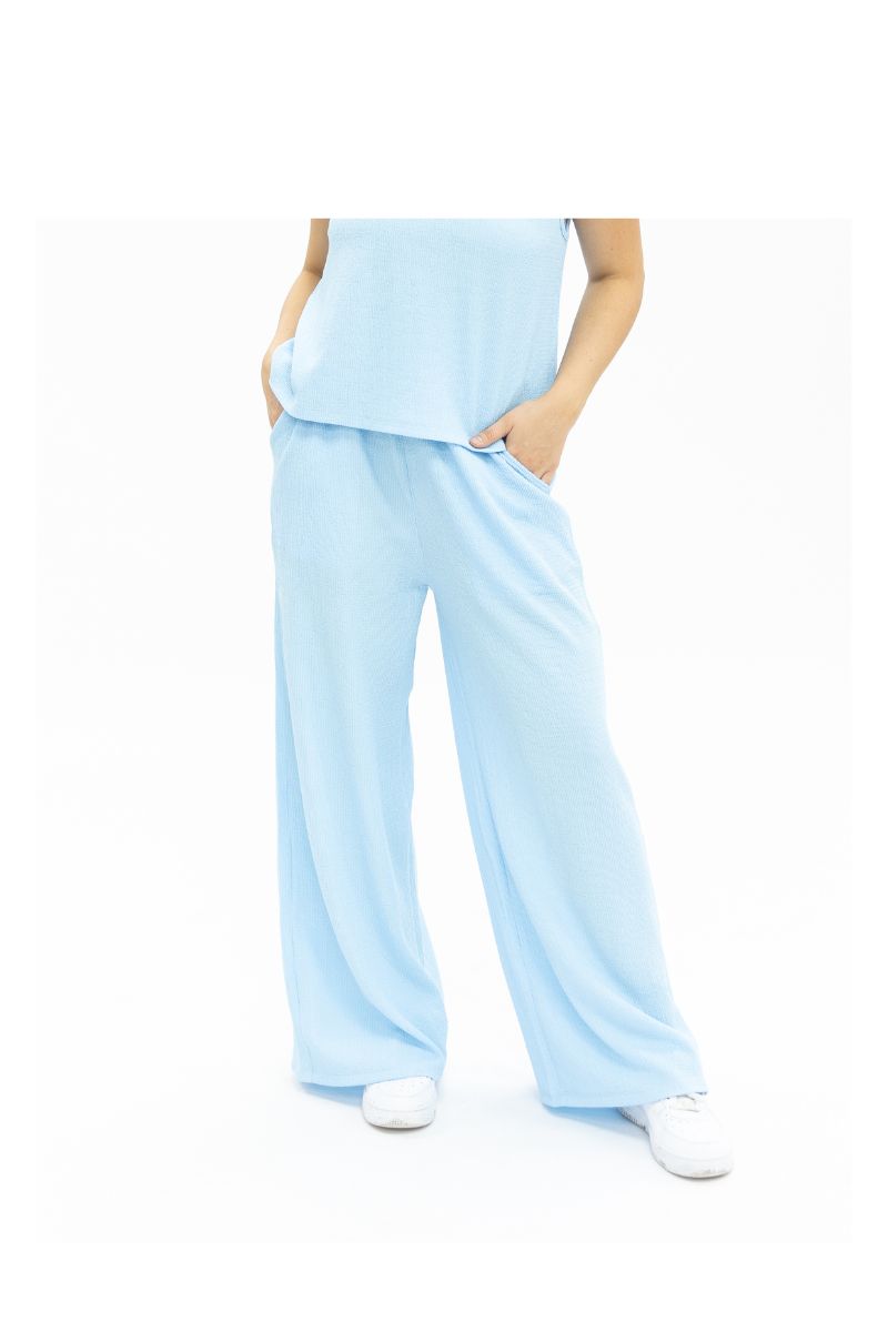 Women's Blue Textured Knit Lounge Pants – Relaxed Fit, High Stretch & Pockets