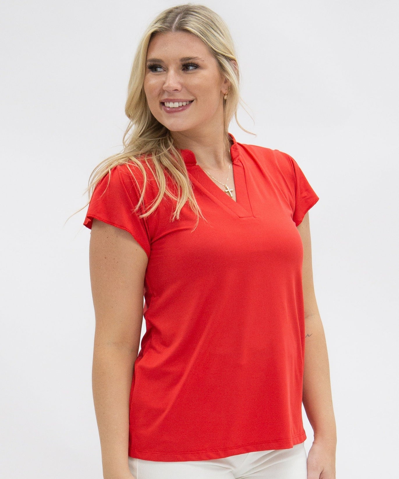 Nicole V-Neck Flutter Sleeve Top – Red | Women's Stretch Blouse