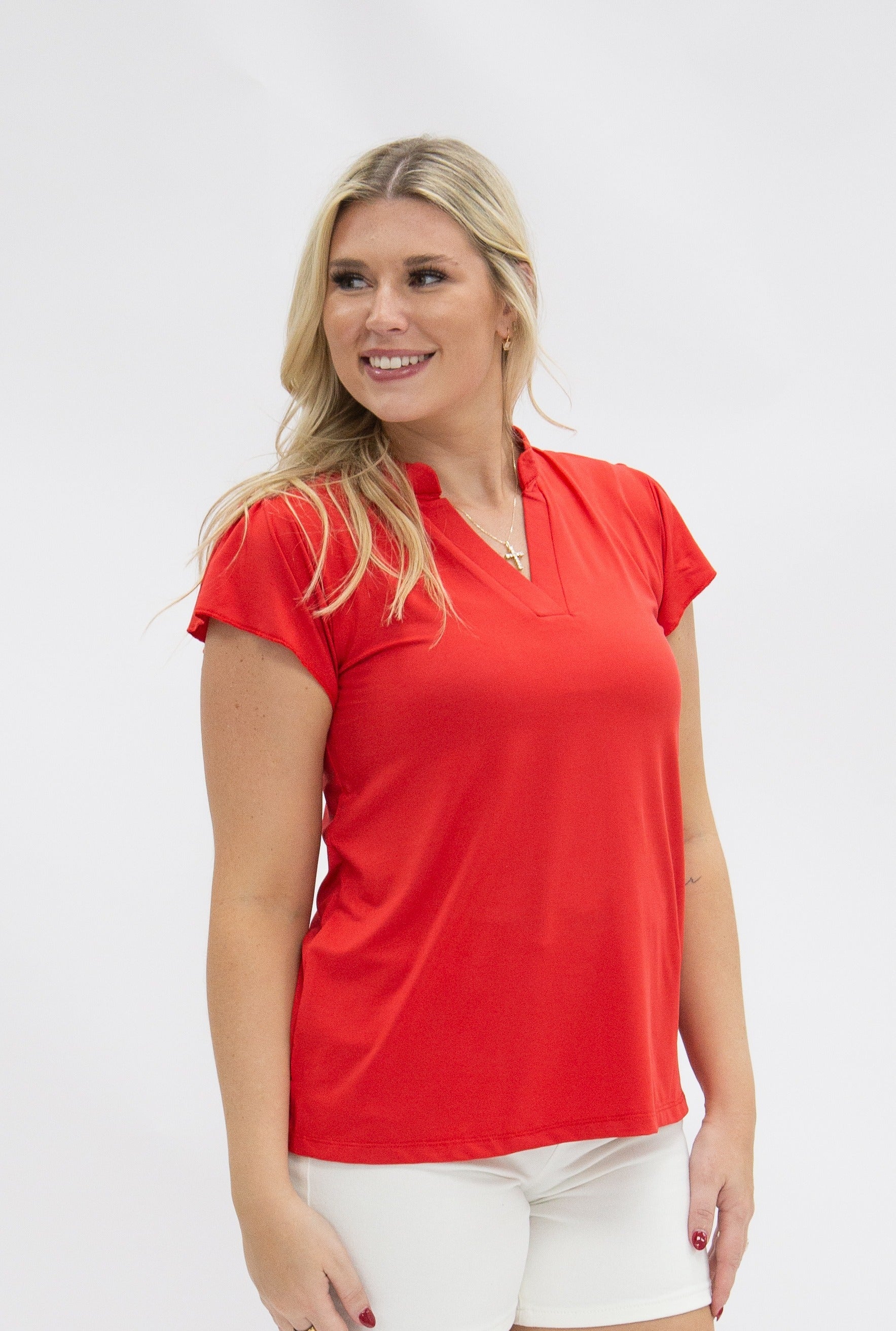 Nicole V-Neck Flutter Sleeve Top – Red | Women's Stretch Blouse
