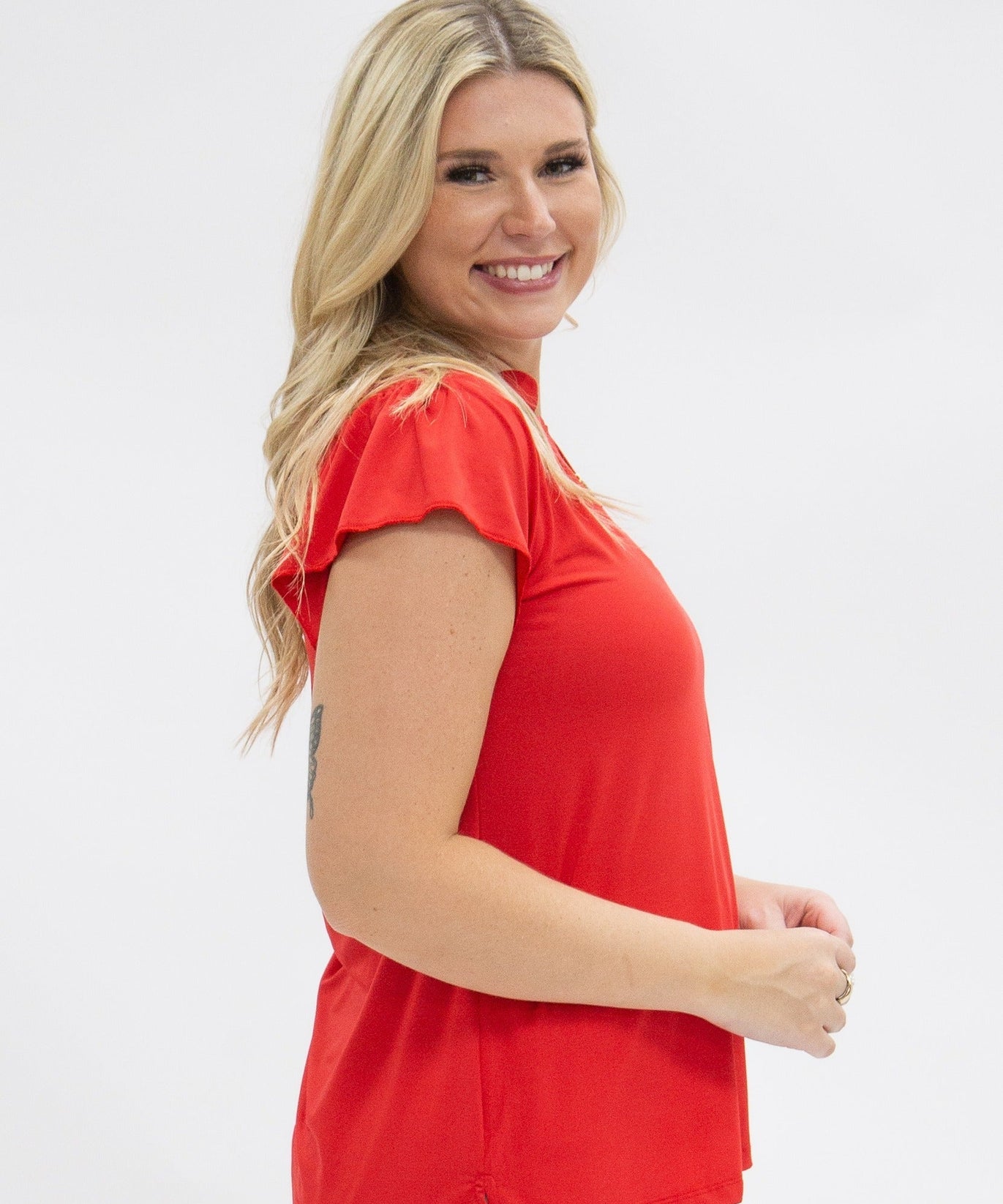Nicole V-Neck Flutter Sleeve Top – Red | Women's Stretch Blouse