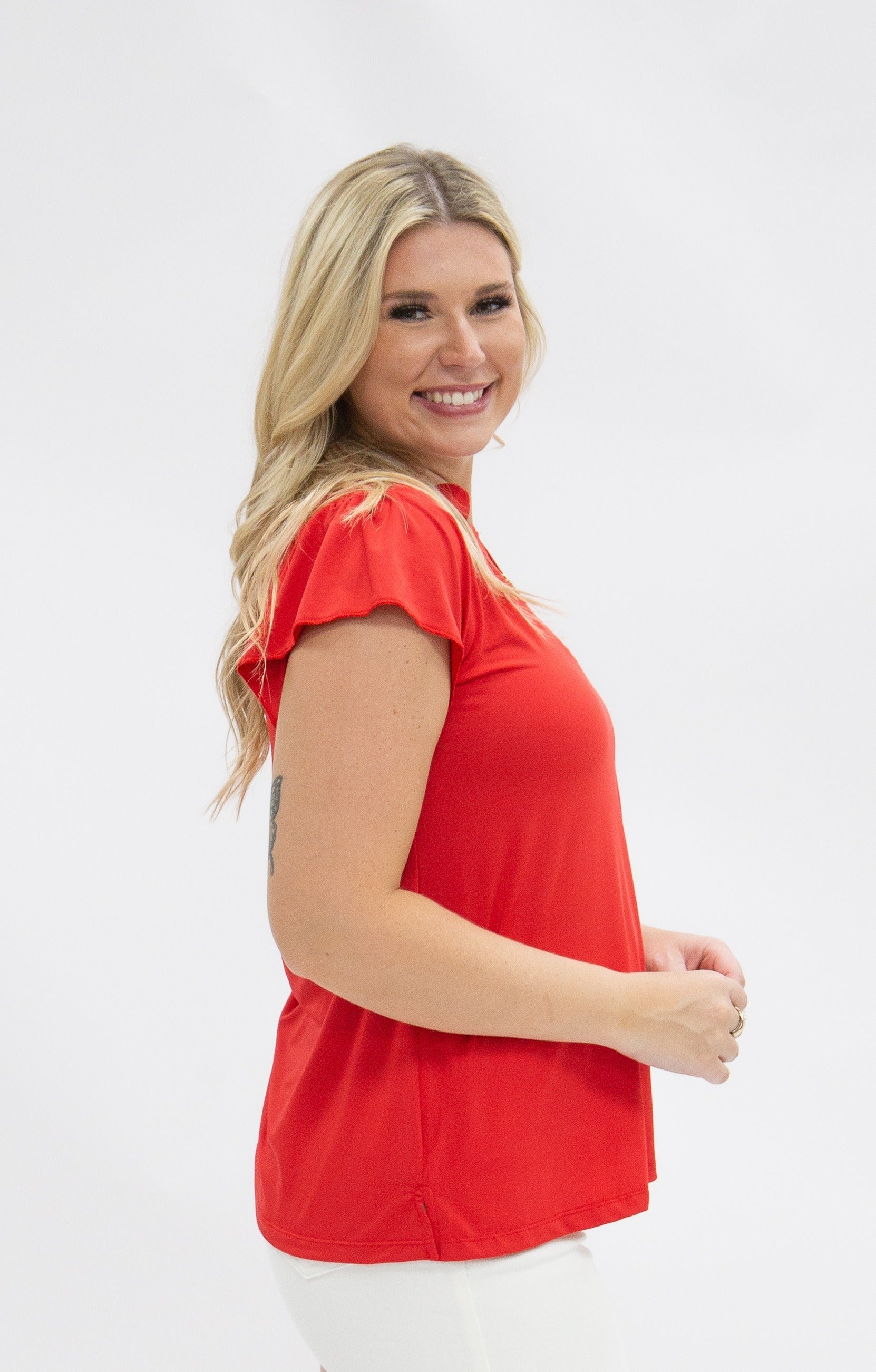 Nicole V-Neck Flutter Sleeve Top – Red | Women's Stretch Blouse