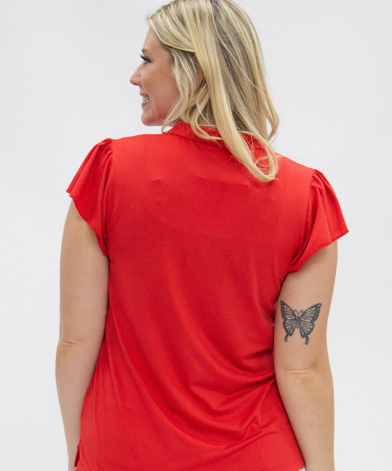 Nicole V-Neck Flutter Sleeve Top – Red | Women's Stretch Blouse