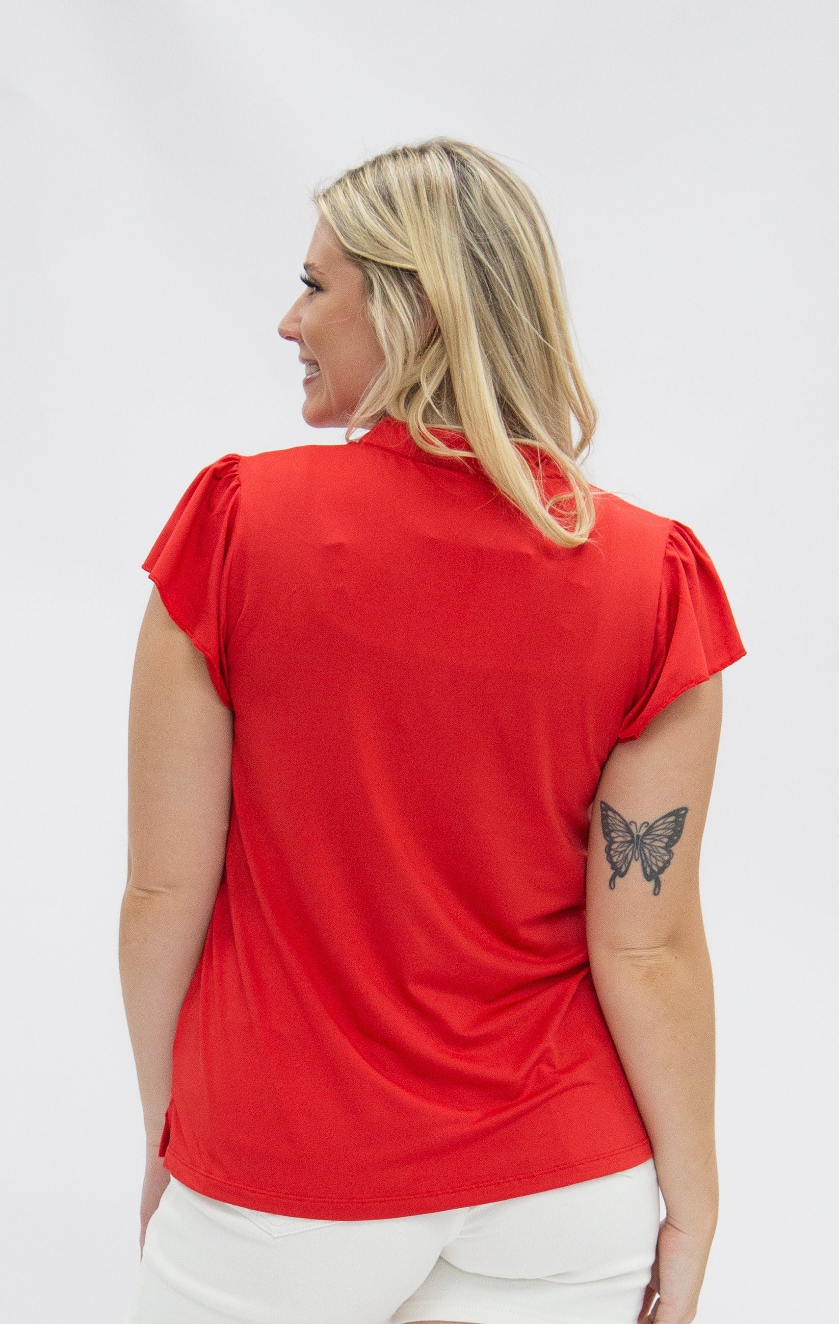 Nicole V-Neck Flutter Sleeve Top – Red | Women's Stretch Blouse
