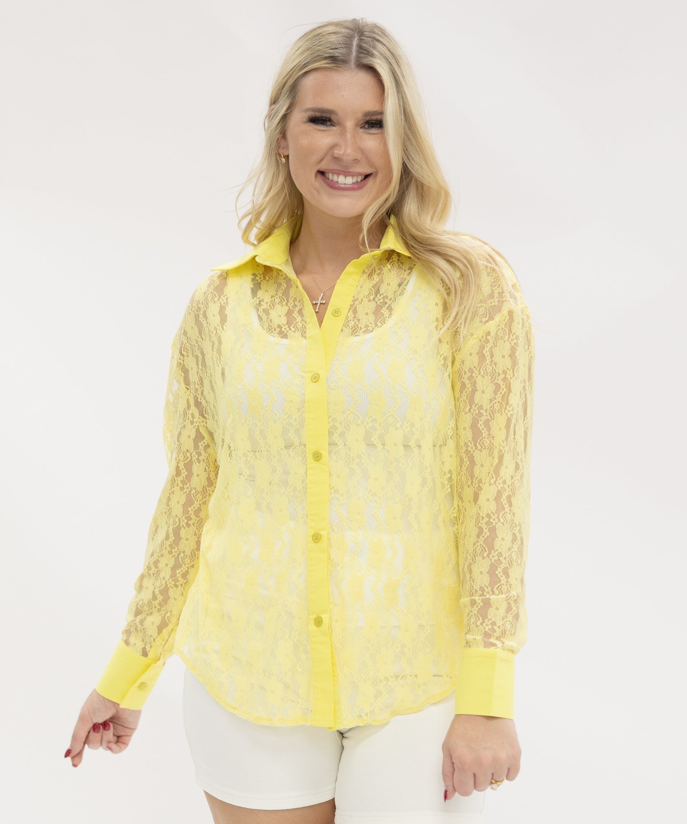 Kathryn Classic Button-Up, Yellow Lace