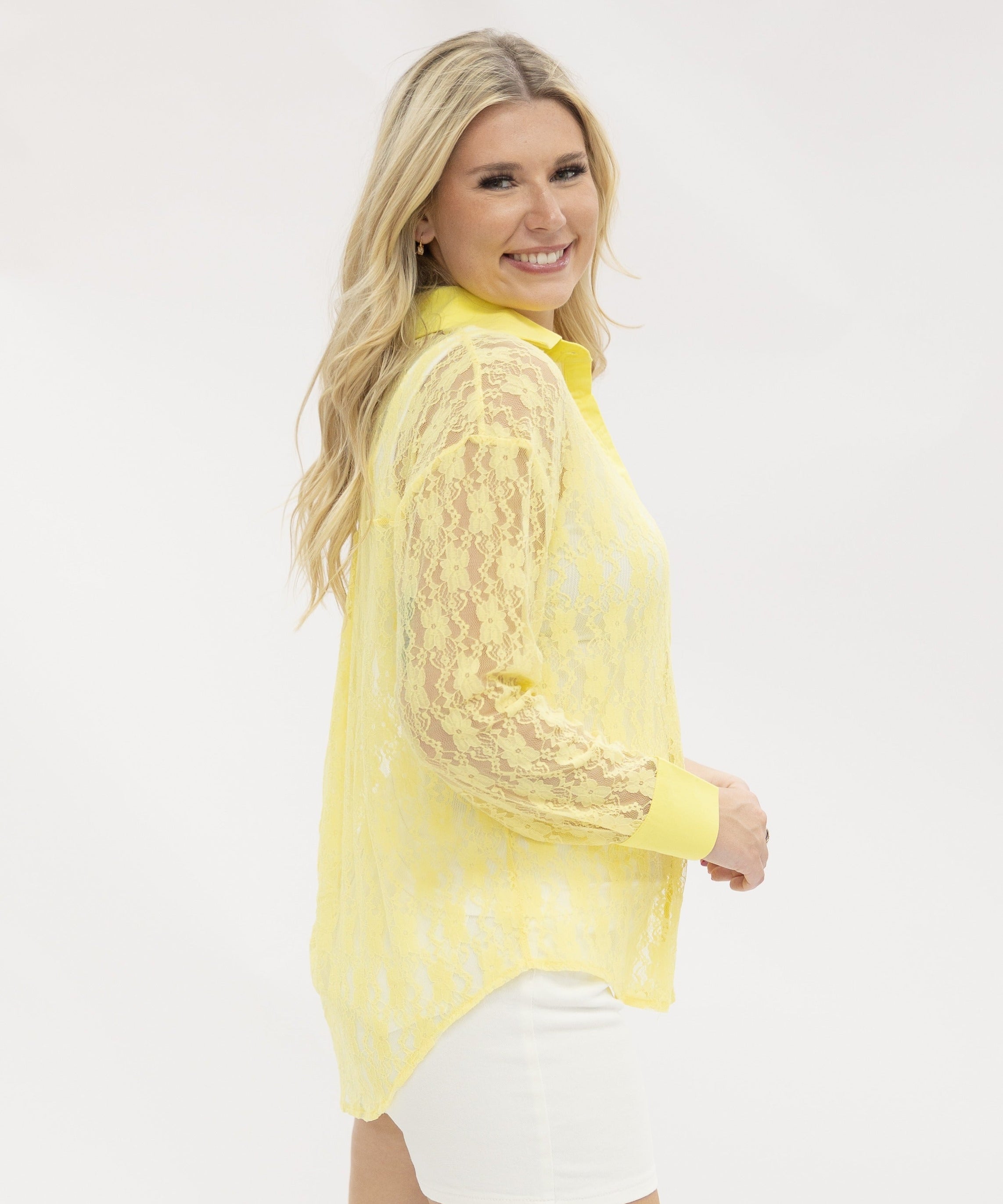 Kathryn Classic Button-Up, Yellow Lace