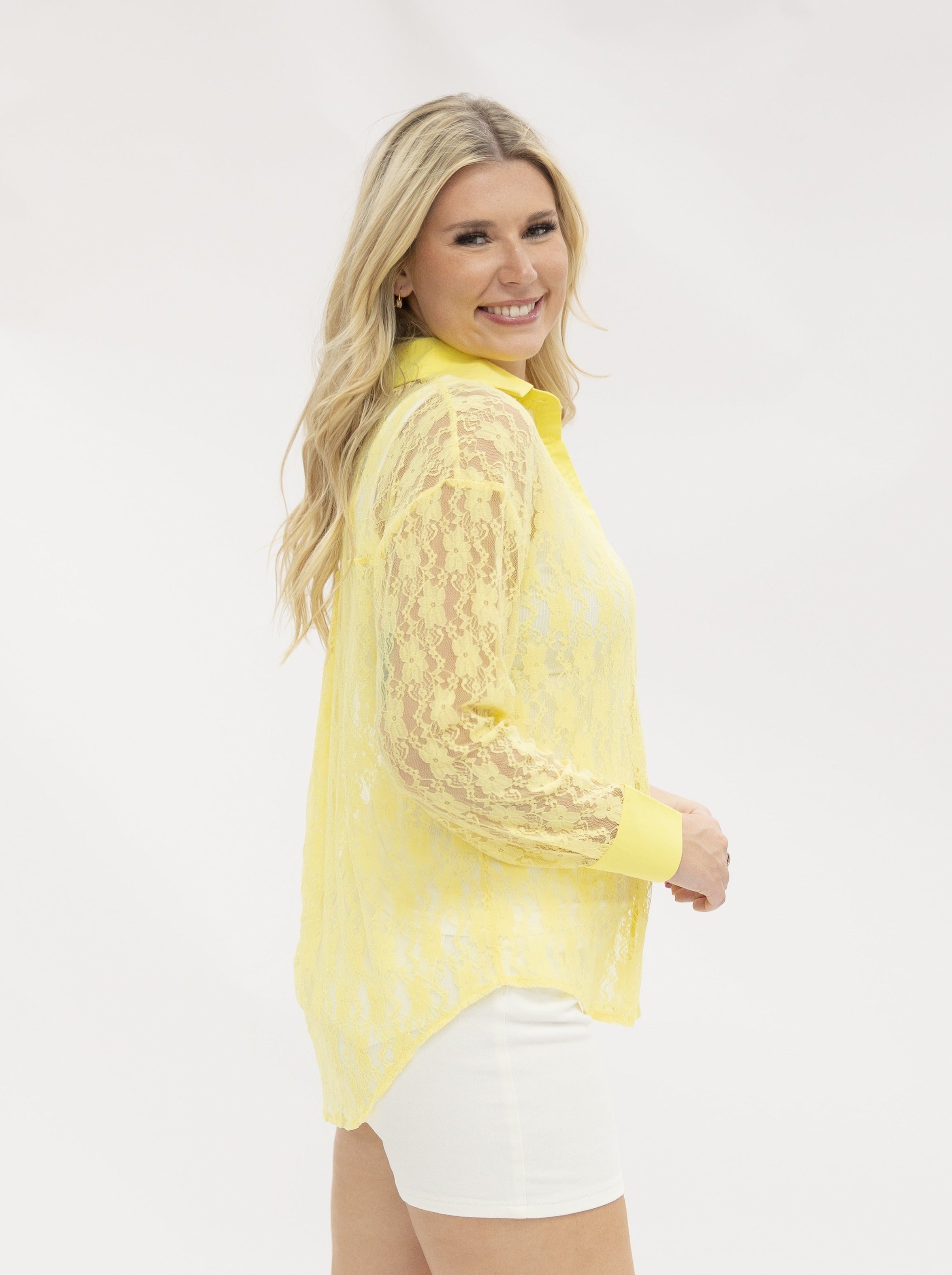 Kathryn Yellow Lace Button-Up Blouse – Women's Sheer Collared Top