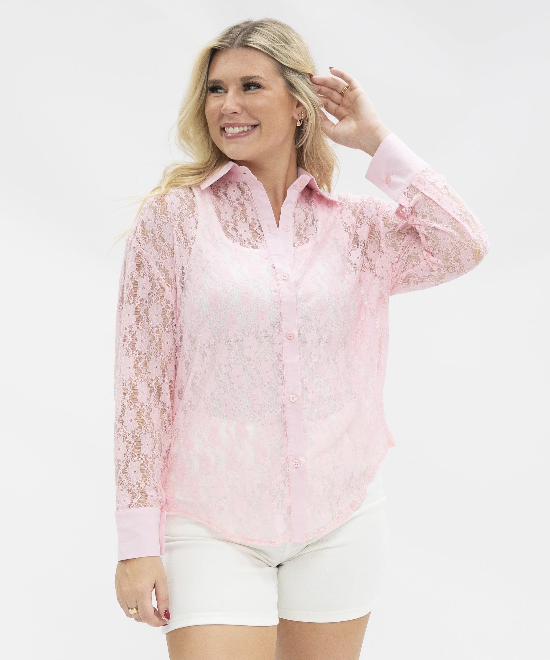 Kathryn Classic Button-Up, Light Pink Lace