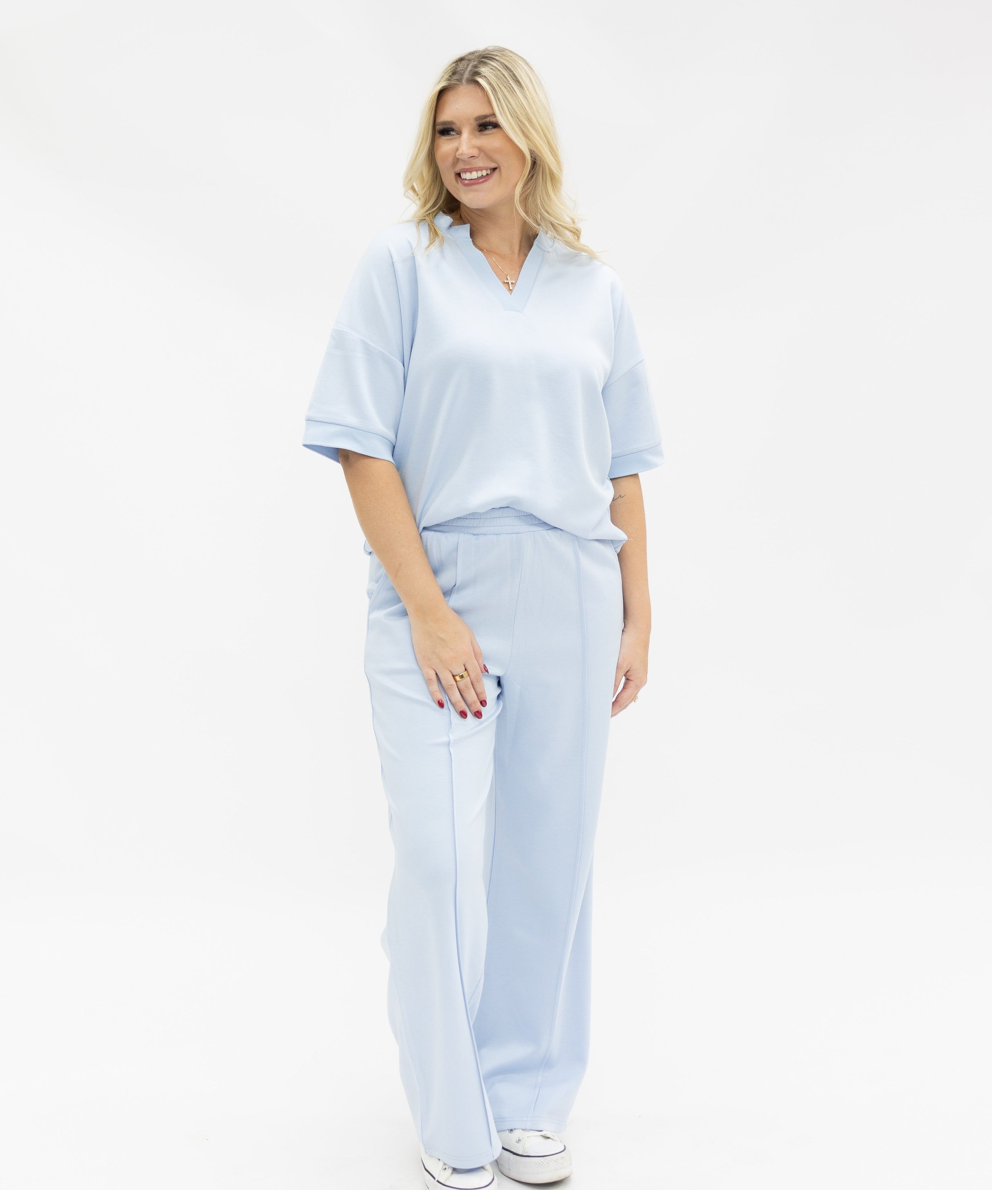 Butter Soft V-Neck Top for Women – Relaxed Fit, Drawstring Waist, Blue