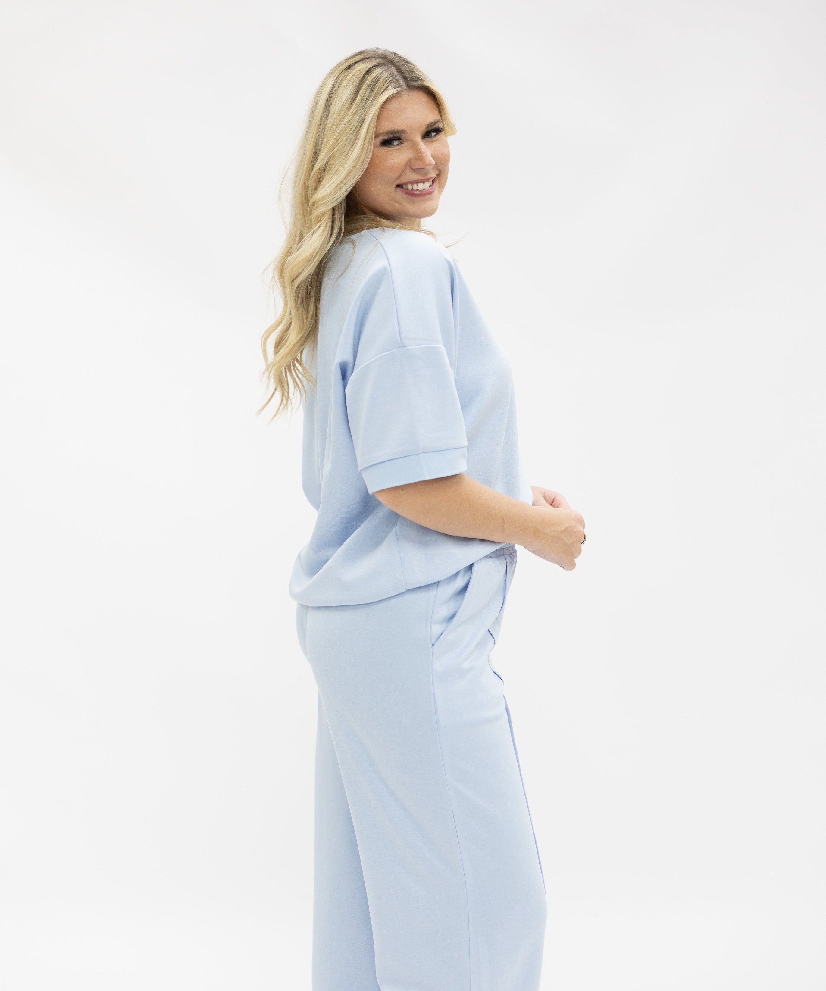Butter Soft V-Neck Top for Women – Relaxed Fit, Drawstring Waist, Blue
