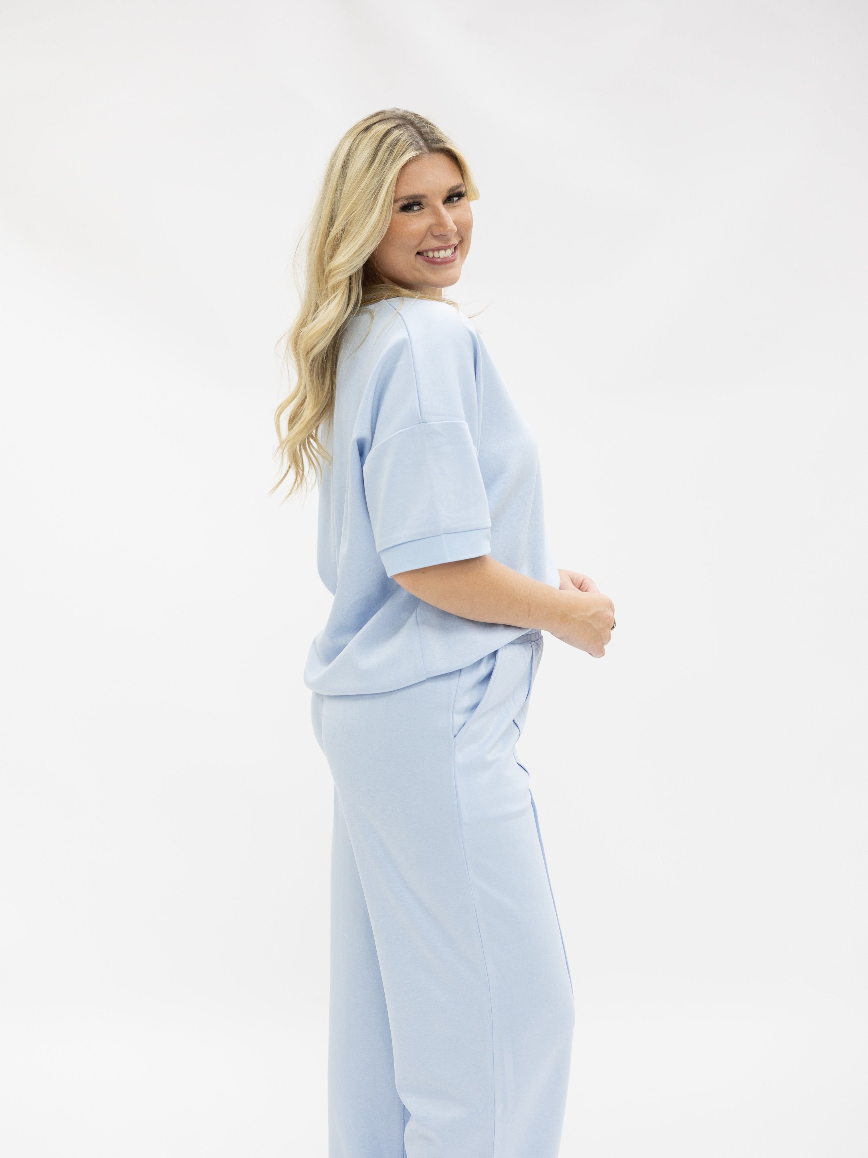 Butter Soft V-Neck Top for Women – Relaxed Fit, Drawstring Waist, Blue