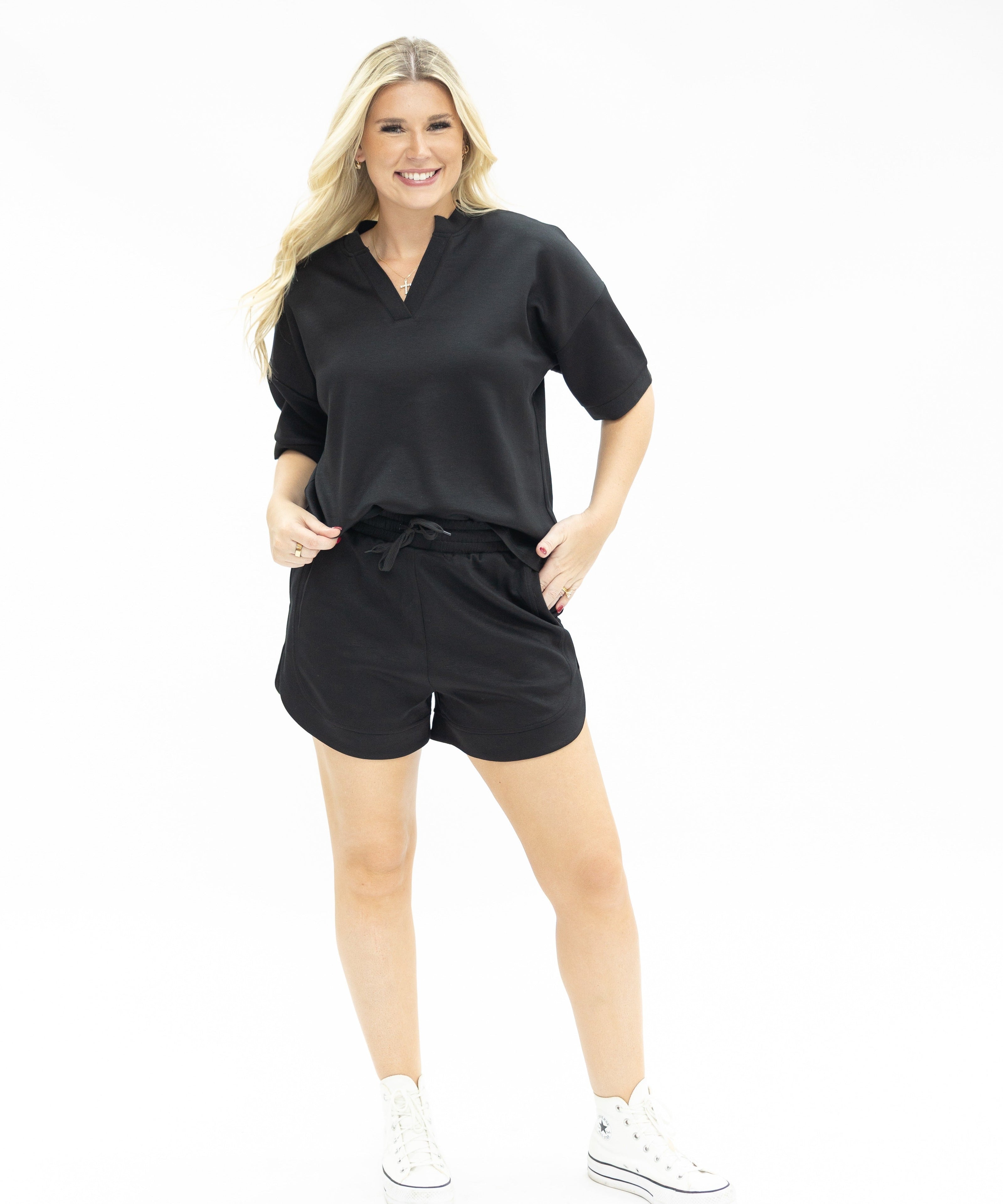 Butter Soft V-Neck Top for Women – Relaxed Fit, Drawstring Waist, Black