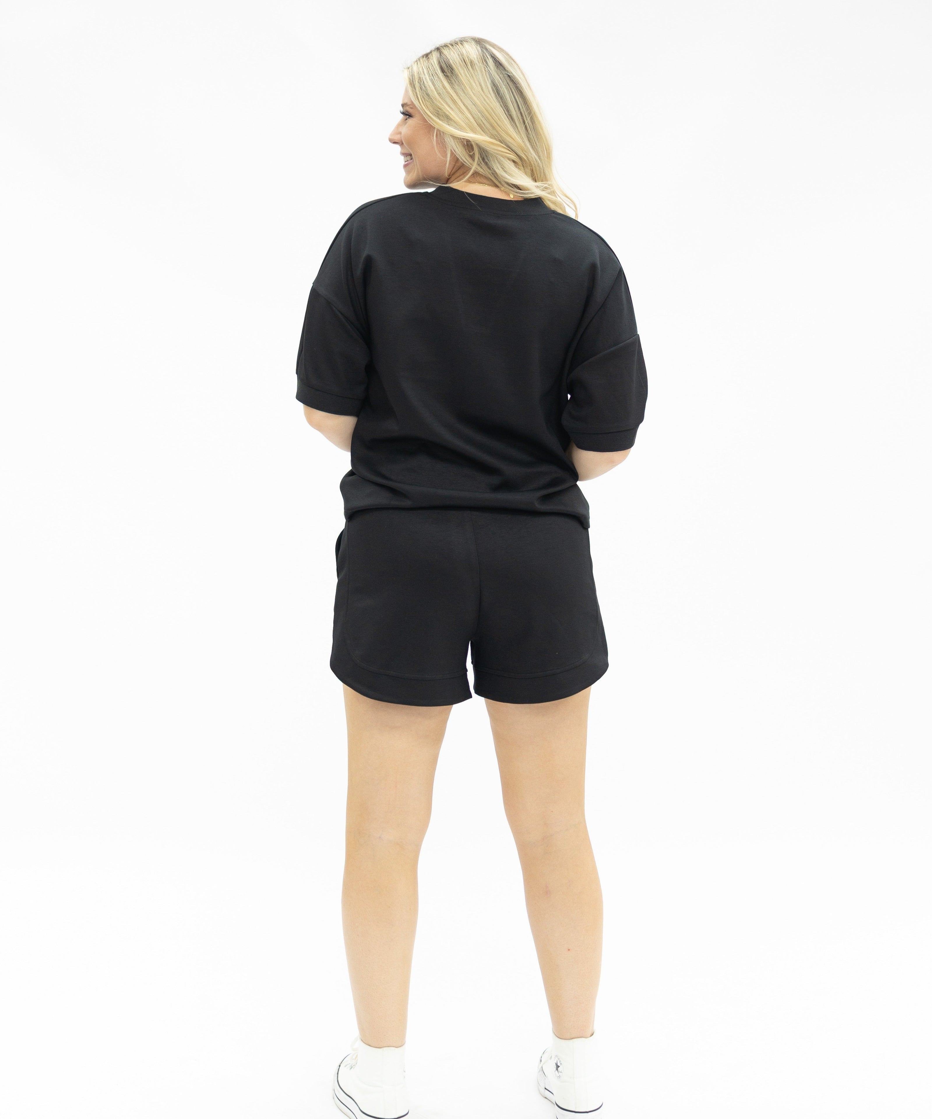 Butter Soft V-Neck Top for Women – Relaxed Fit, Drawstring Waist, Black