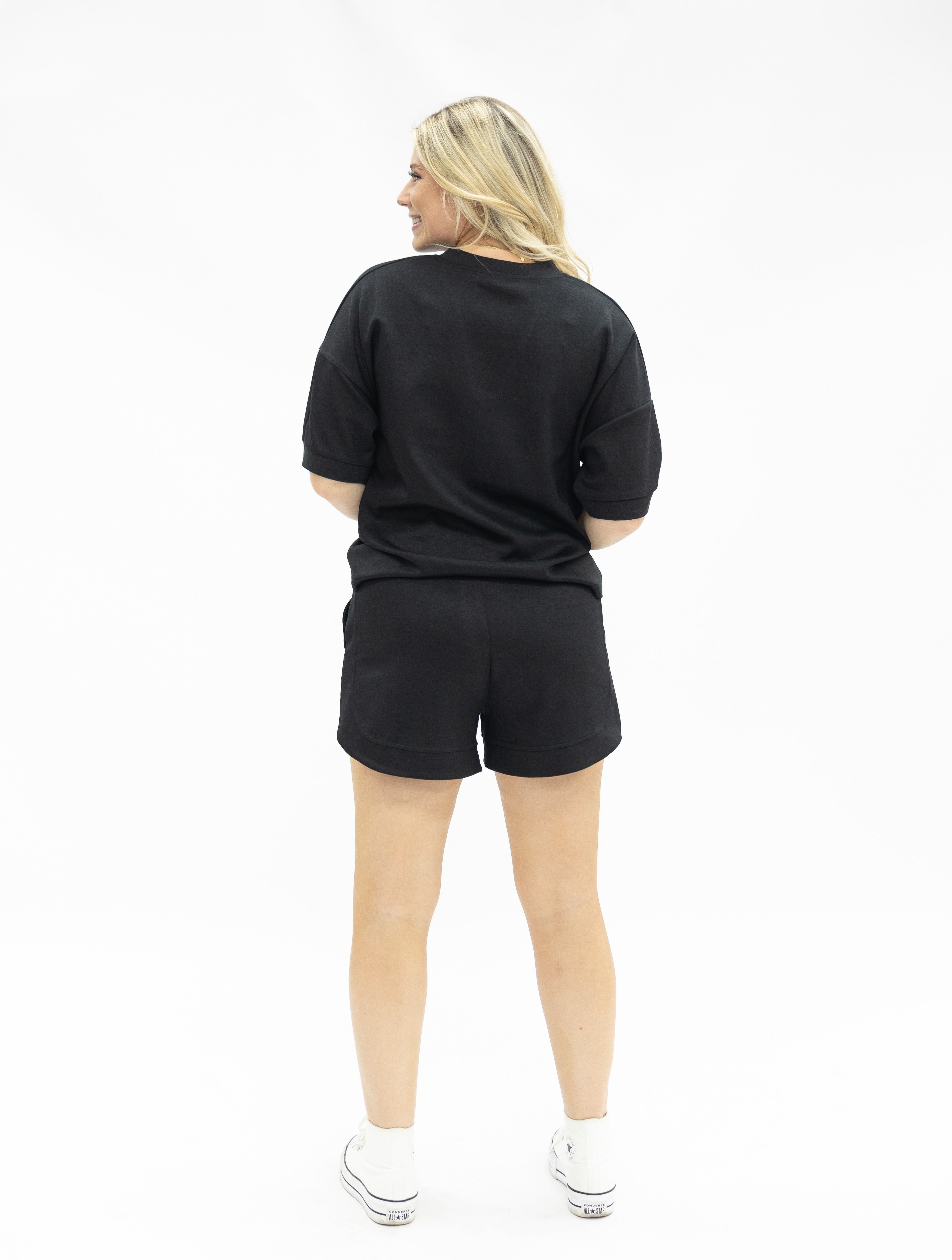 Butter Soft V-Neck Top for Women – Relaxed Fit, Drawstring Waist, Black