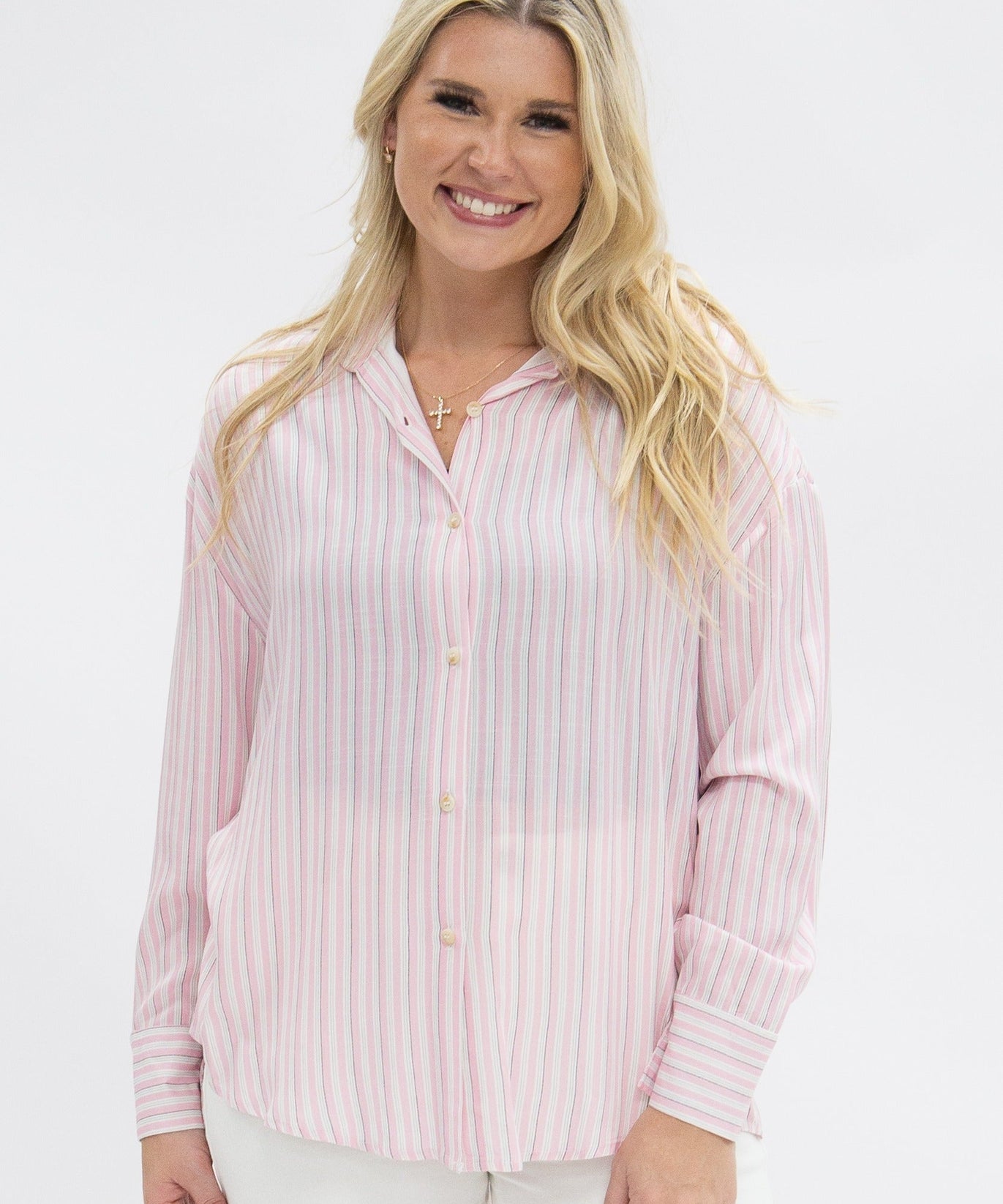Kathryn Classic Button-Up Shirt for Women – Striped, Relaxed Fit, Pink