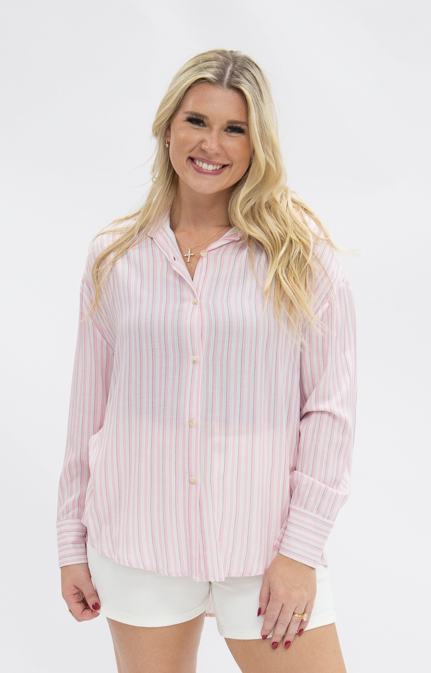 Kathryn Classic Button-Up Shirt for Women – Striped, Relaxed Fit, Pink