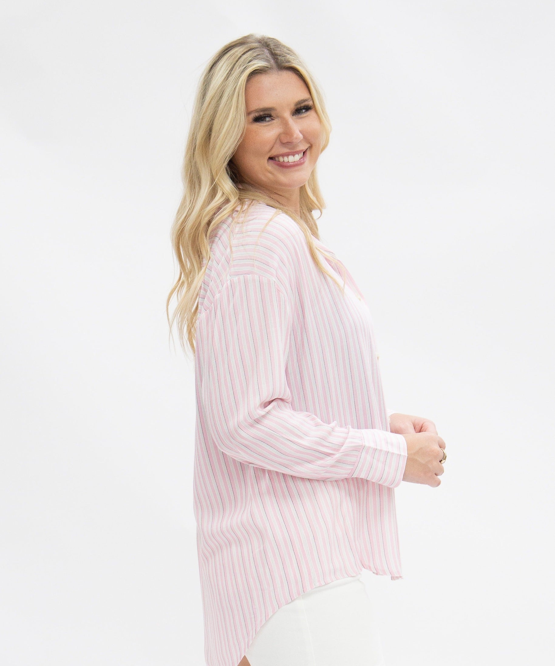 Kathryn Classic Button-Up Shirt for Women – Striped, Relaxed Fit, Pink