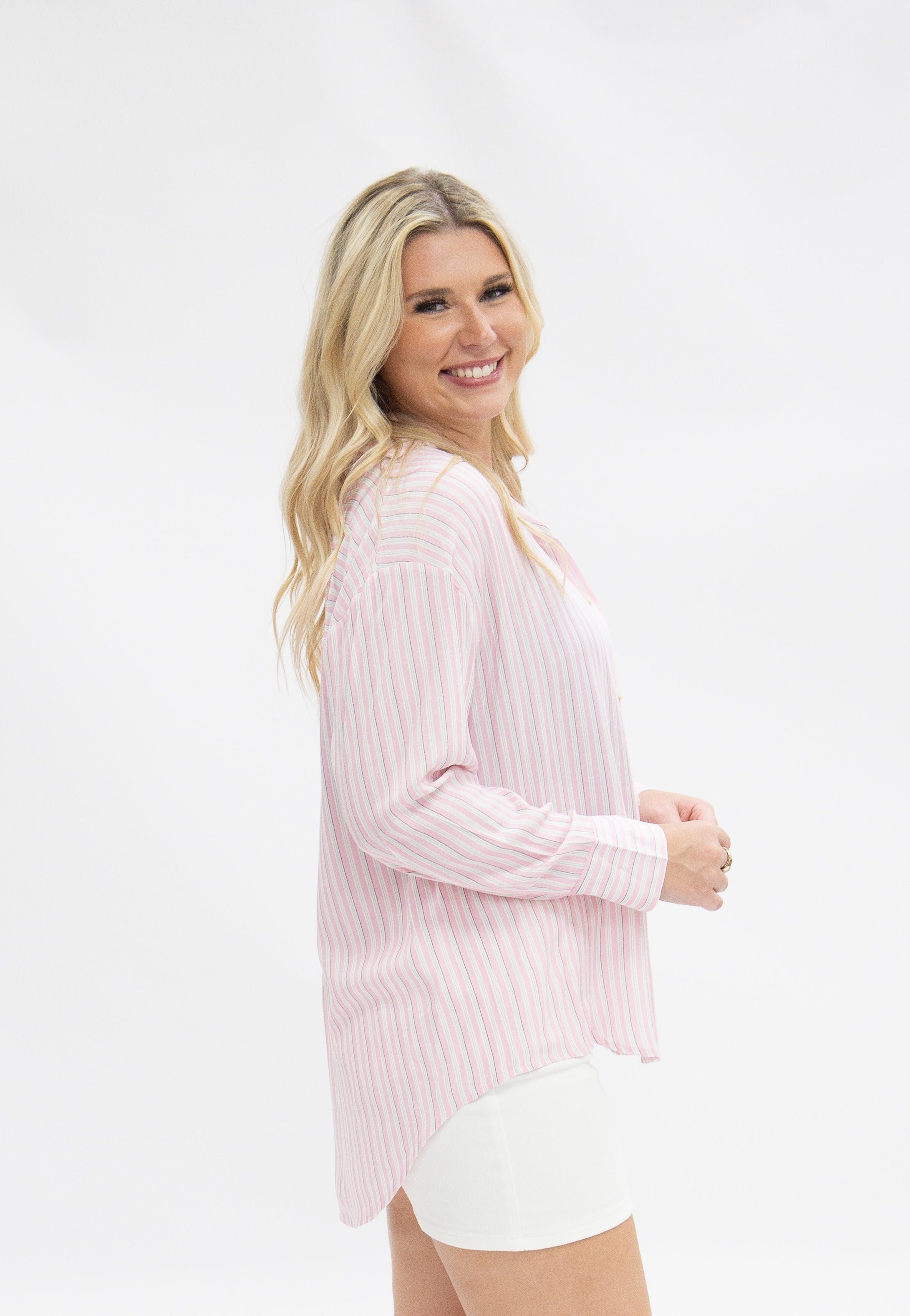 Kathryn Classic Button-Up Shirt for Women – Striped, Relaxed Fit, Pink