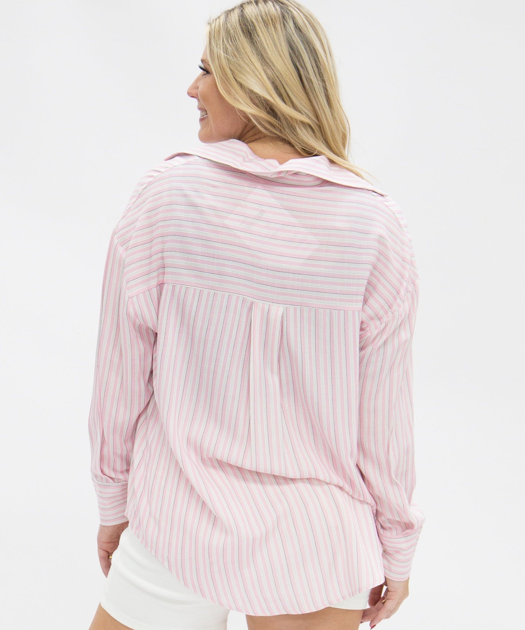 Kathryn Classic Button-Up Shirt for Women – Striped, Relaxed Fit, Pink