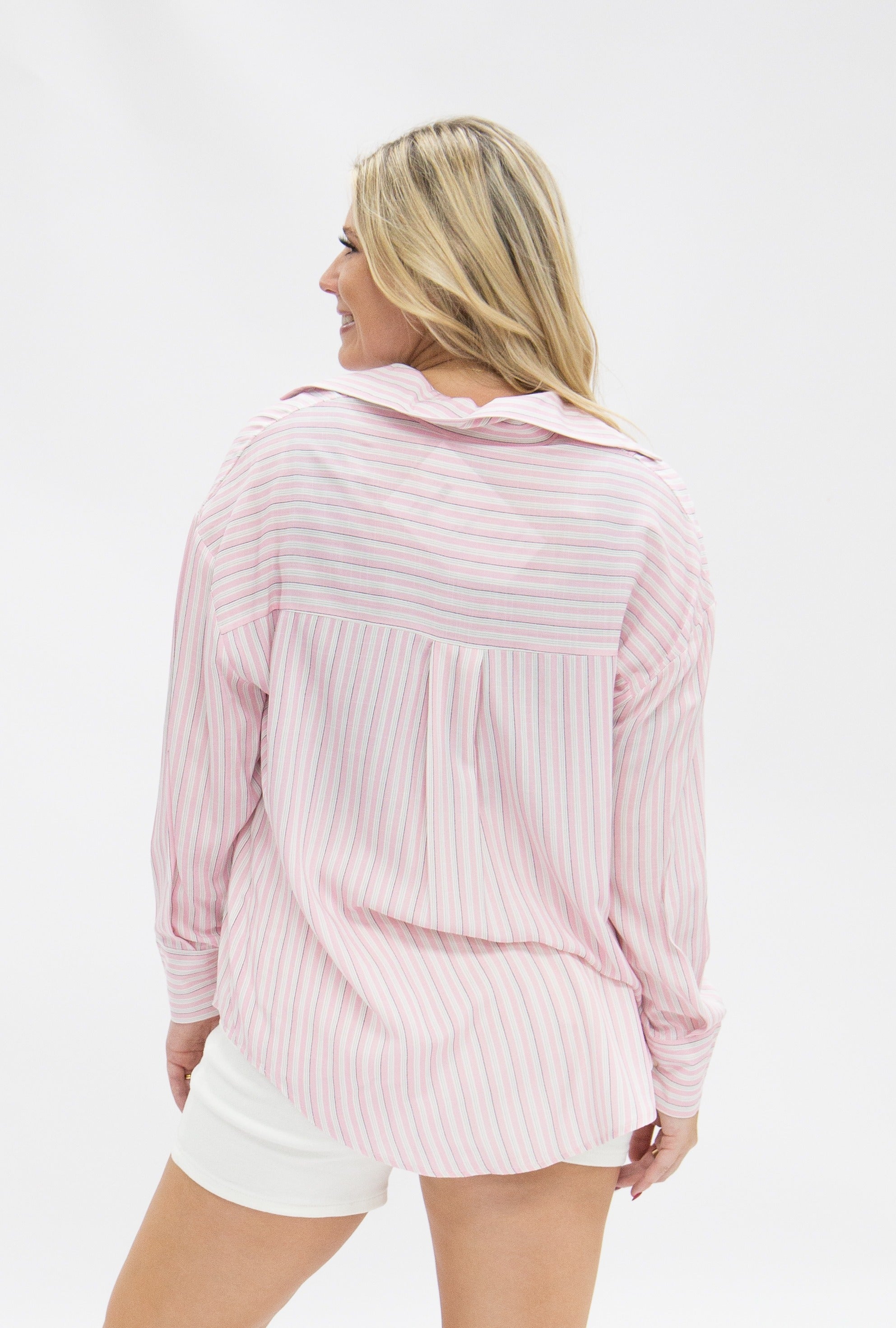 Kathryn Classic Button-Up Shirt for Women – Striped, Relaxed Fit, Pink