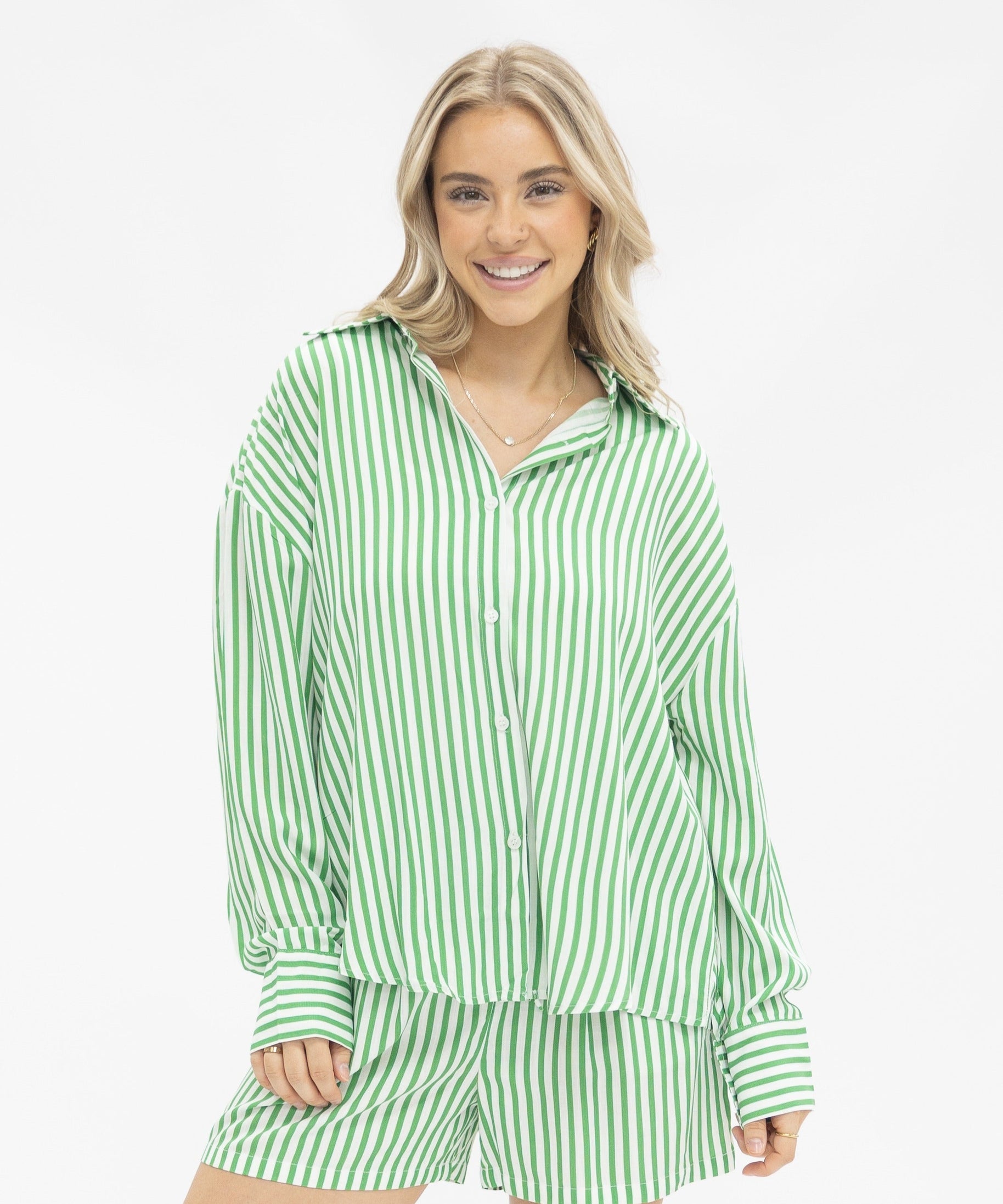 Kathryn Classic Button-Up Shirt for Women – Striped, Oversized Fit, Green