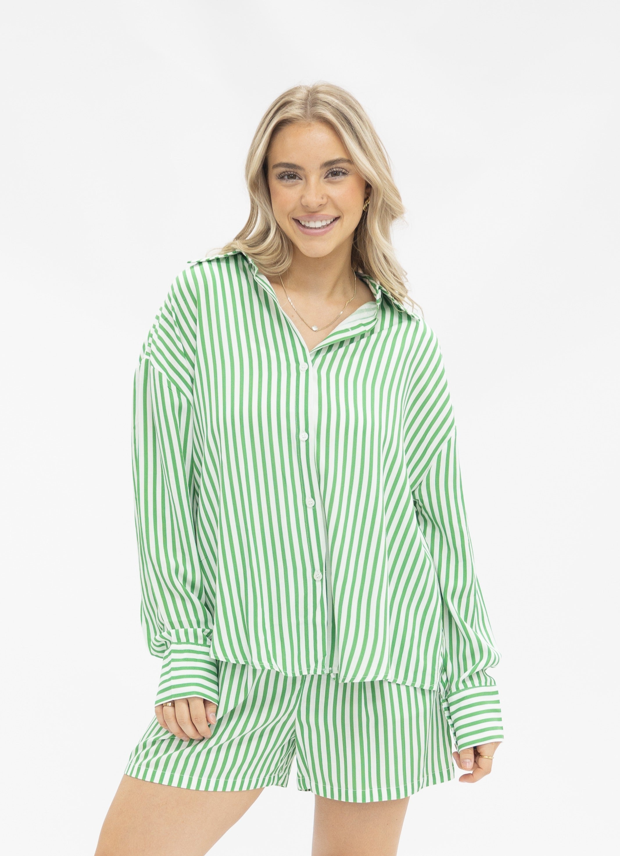 Kathryn Classic Button-Up Shirt for Women – Striped, Oversized Fit, Green