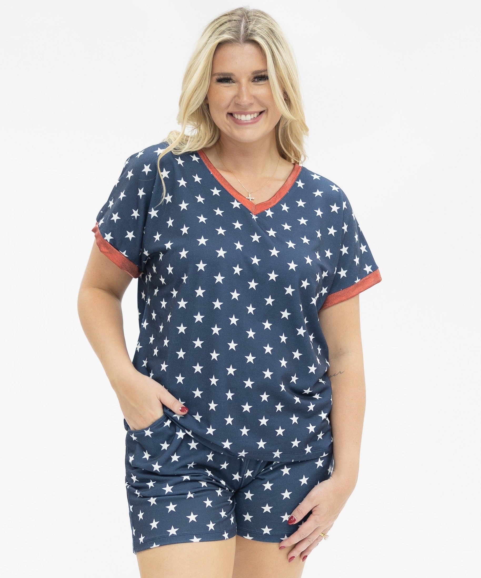 Blue and White Stars V-Neck Top