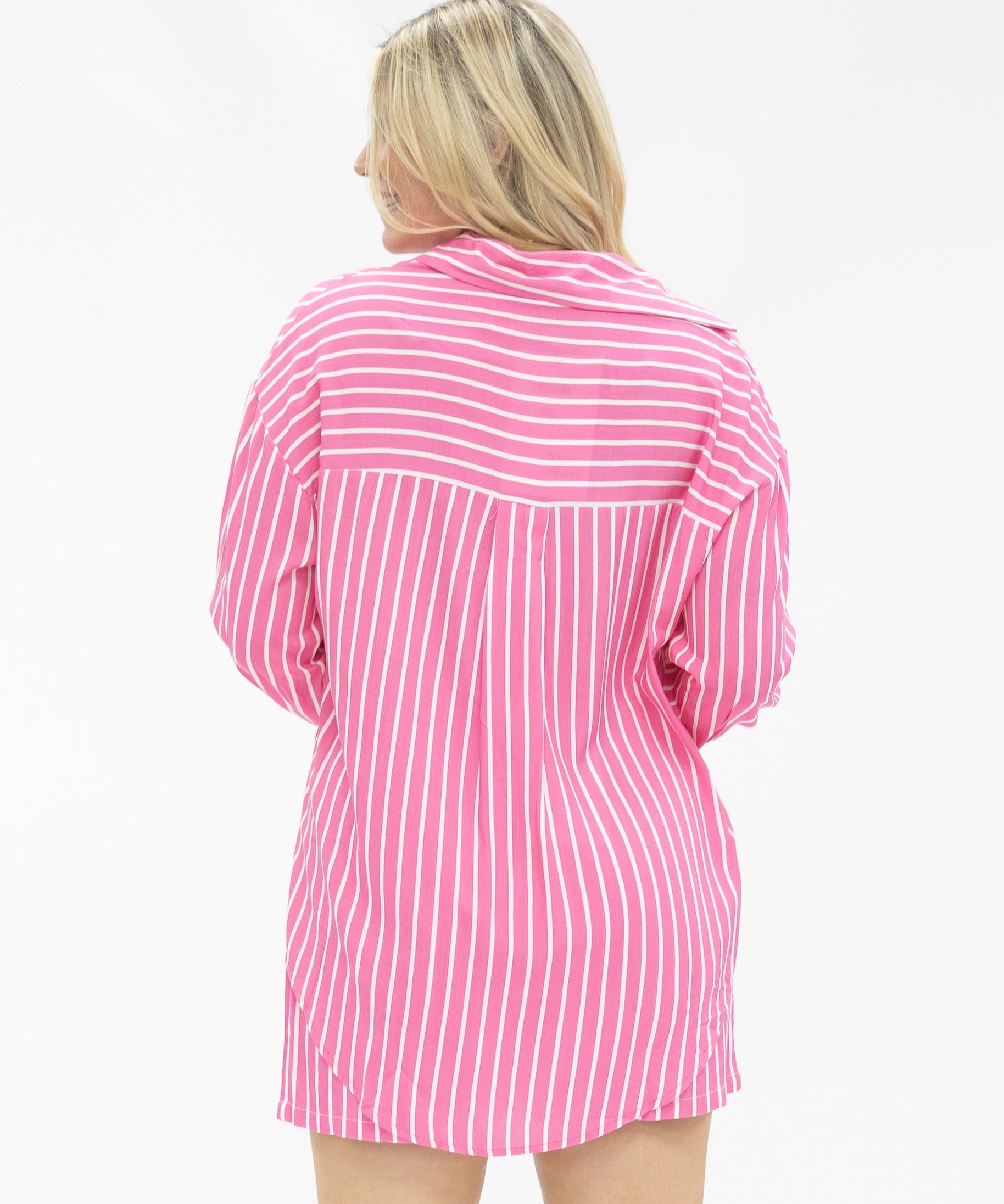 Kathryn Classic Button-Up Shirt for Women – Striped, Oversized Fit, Pink