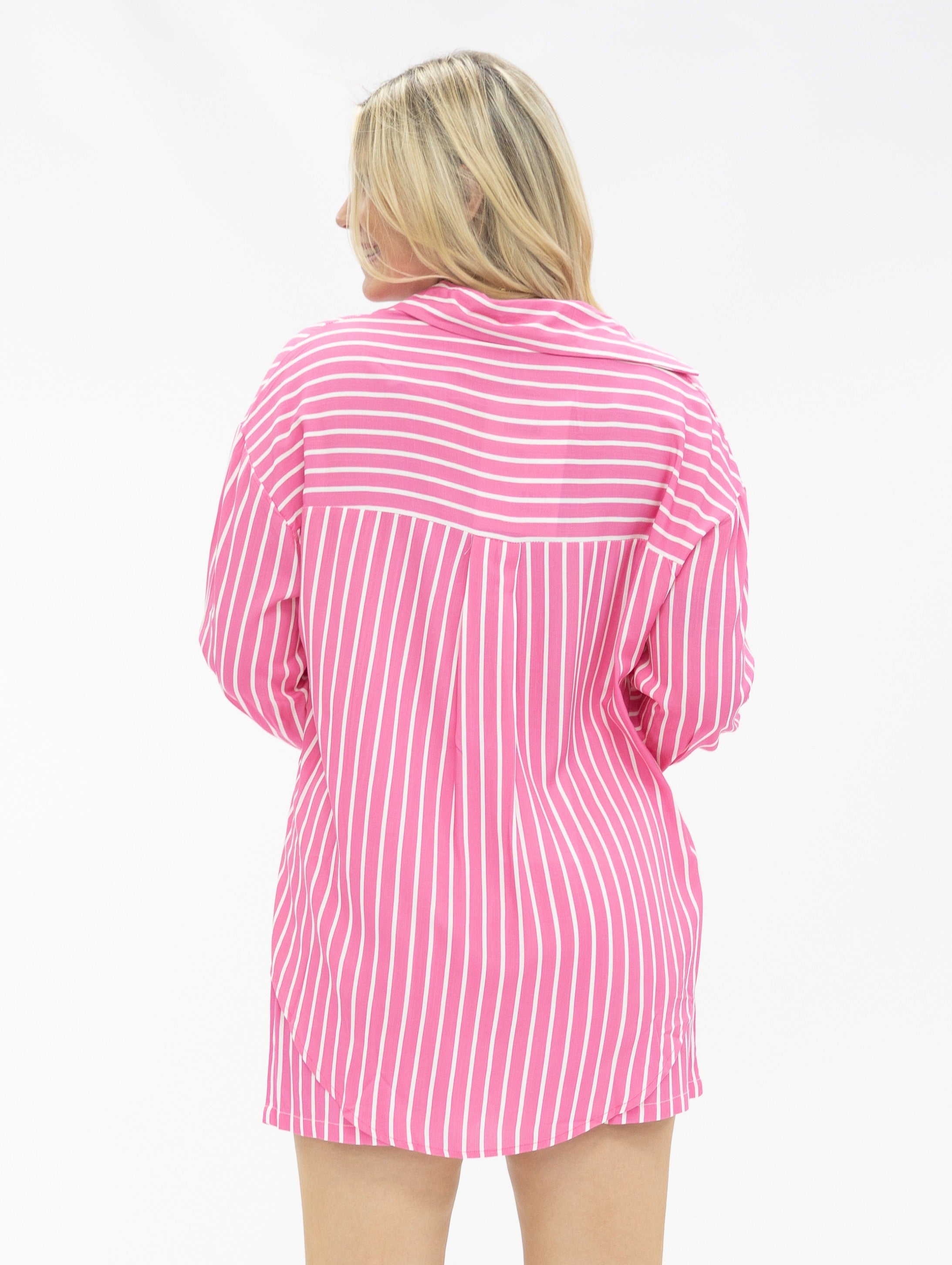 Kathryn Classic Button-Up Shirt for Women – Striped, Oversized Fit, Pink