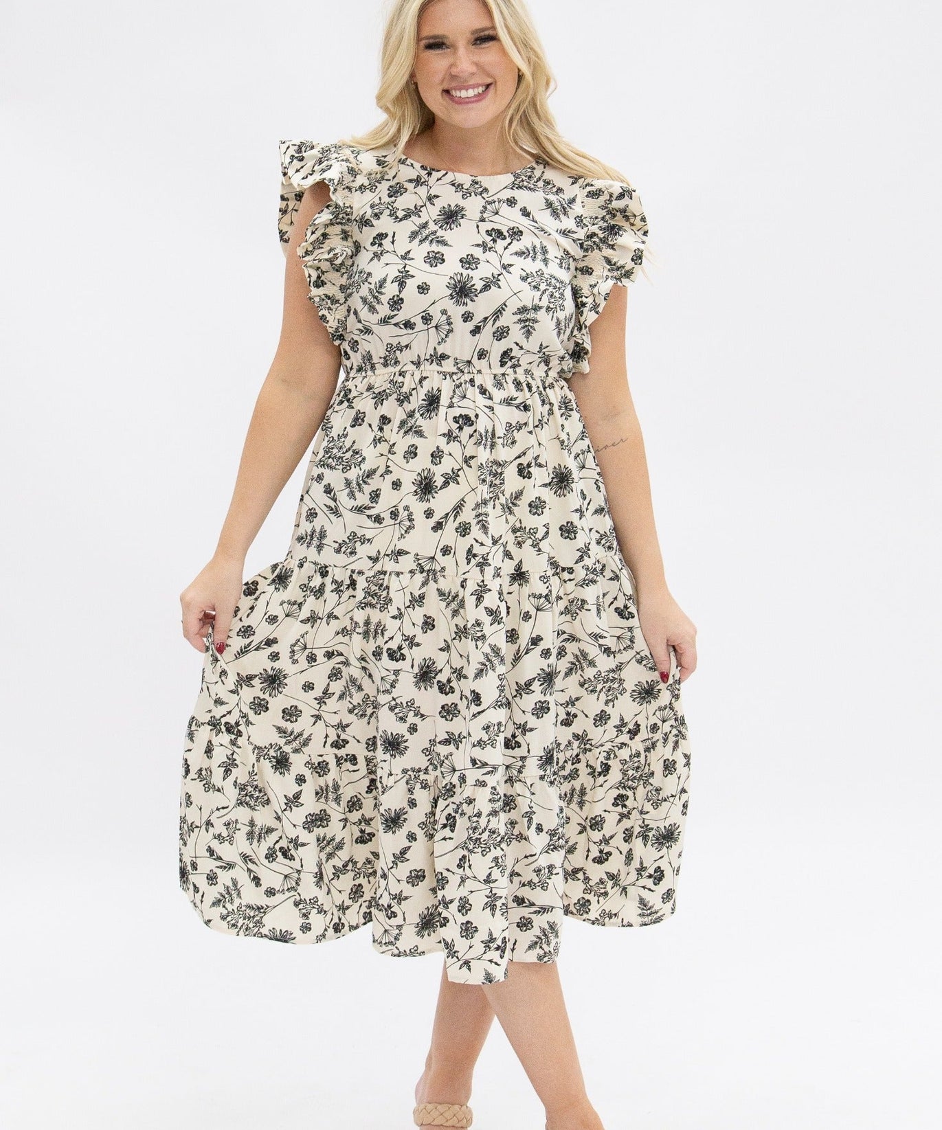 Black & Ivory Floral Tiered Midi Dress for Women – Smocked Waist, Ruffle Sleeves