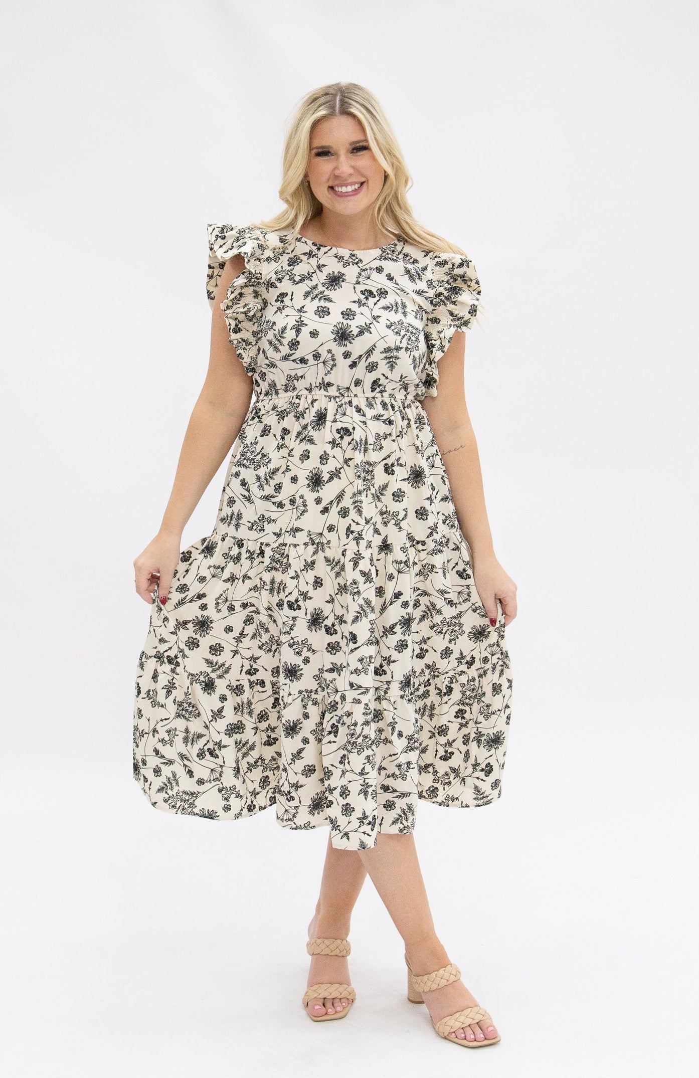Black & Ivory Floral Tiered Midi Dress for Women – Smocked Waist, Ruffle Sleeves