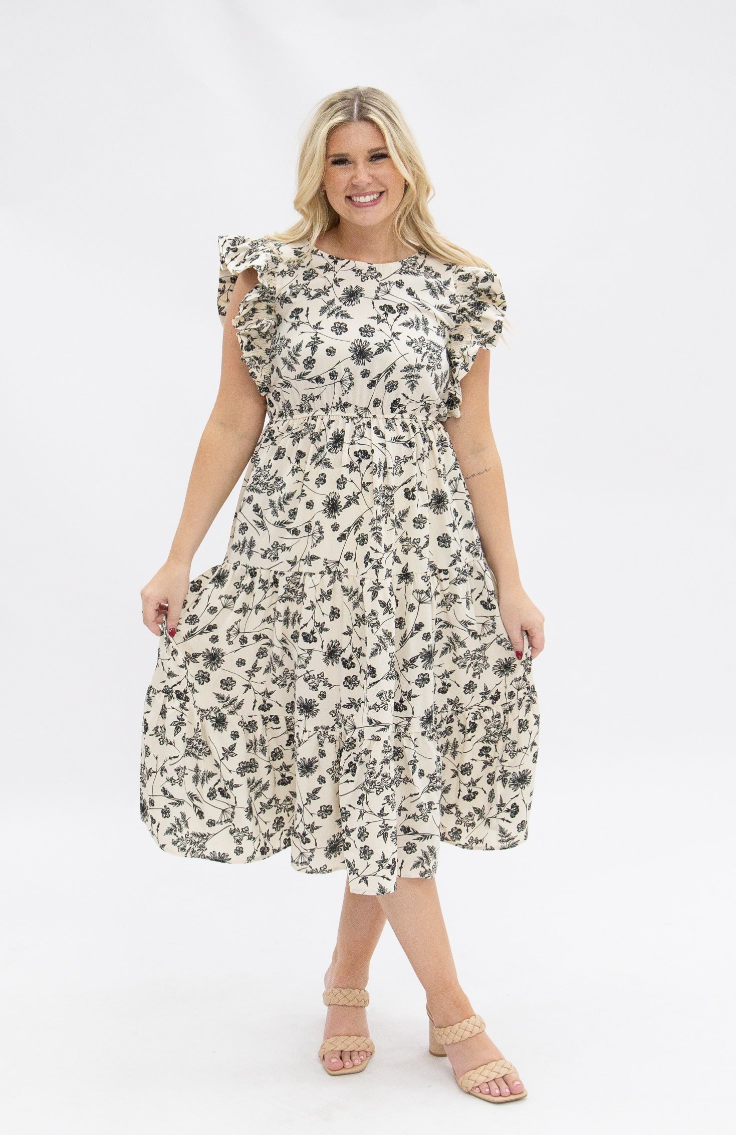 Black & Ivory Floral Tiered Midi Dress for Women – Smocked Waist, Ruffle Sleeves
